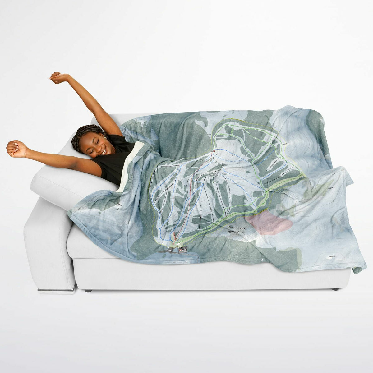 Pine Creek, Wyoming Ski Resort Map Flannel Blanket Poncho