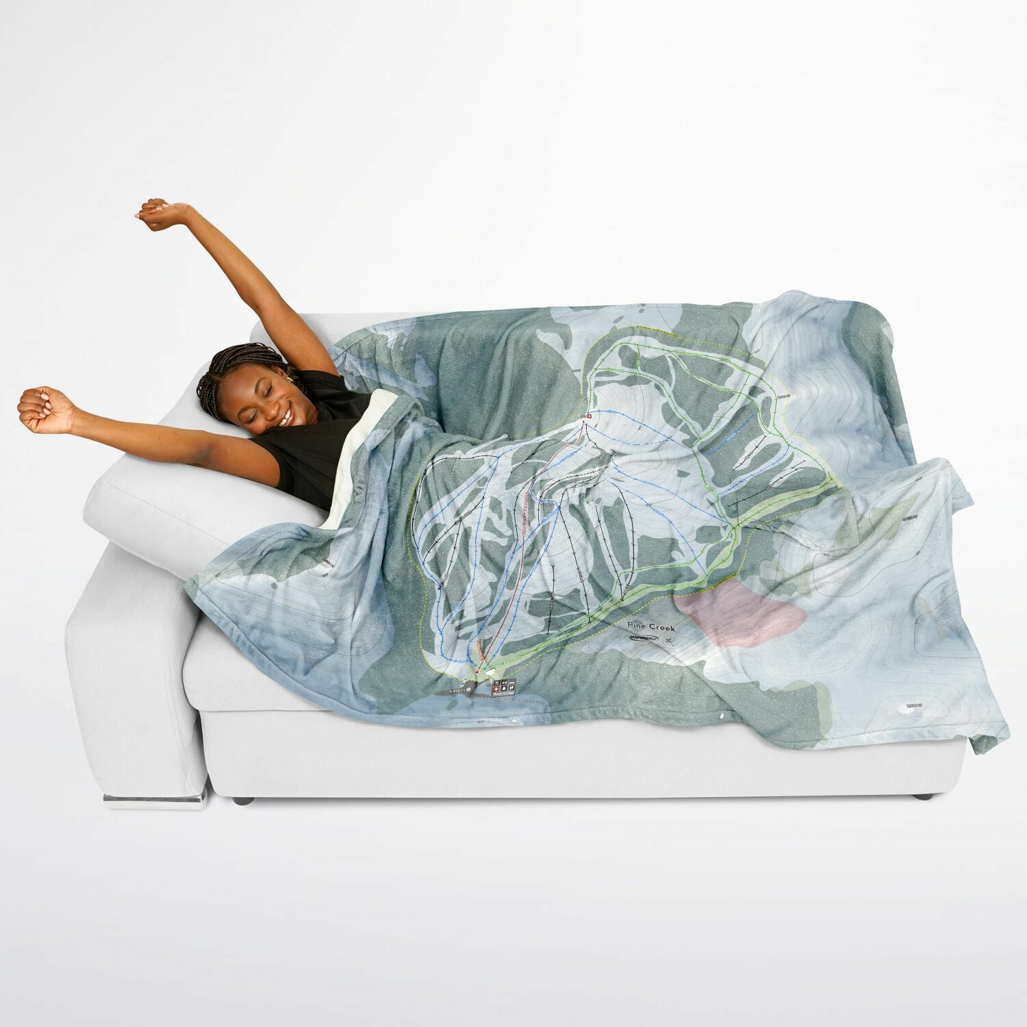 Pine Creek, Wyoming Ski Resort Map Flannel Blanket Poncho