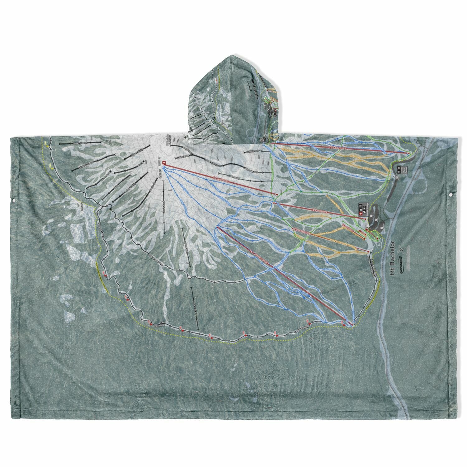 Mt Bachelor, Oregon Ski Resort Map Flannel Blanket Poncho
