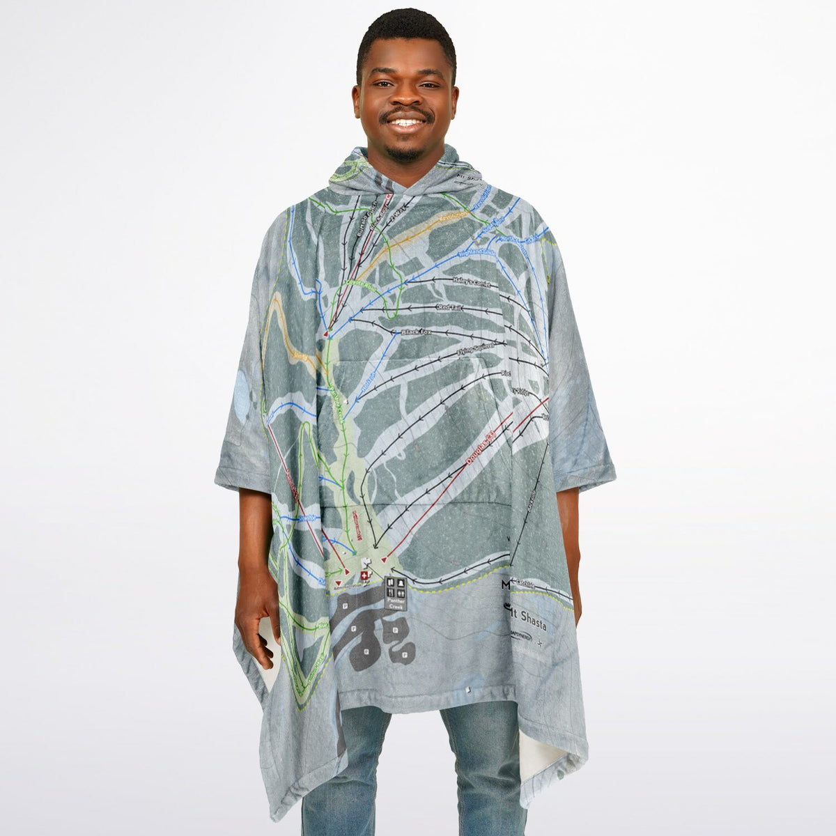 Mt Shasta, California Ski Resort Map Flannel Blanket Poncho