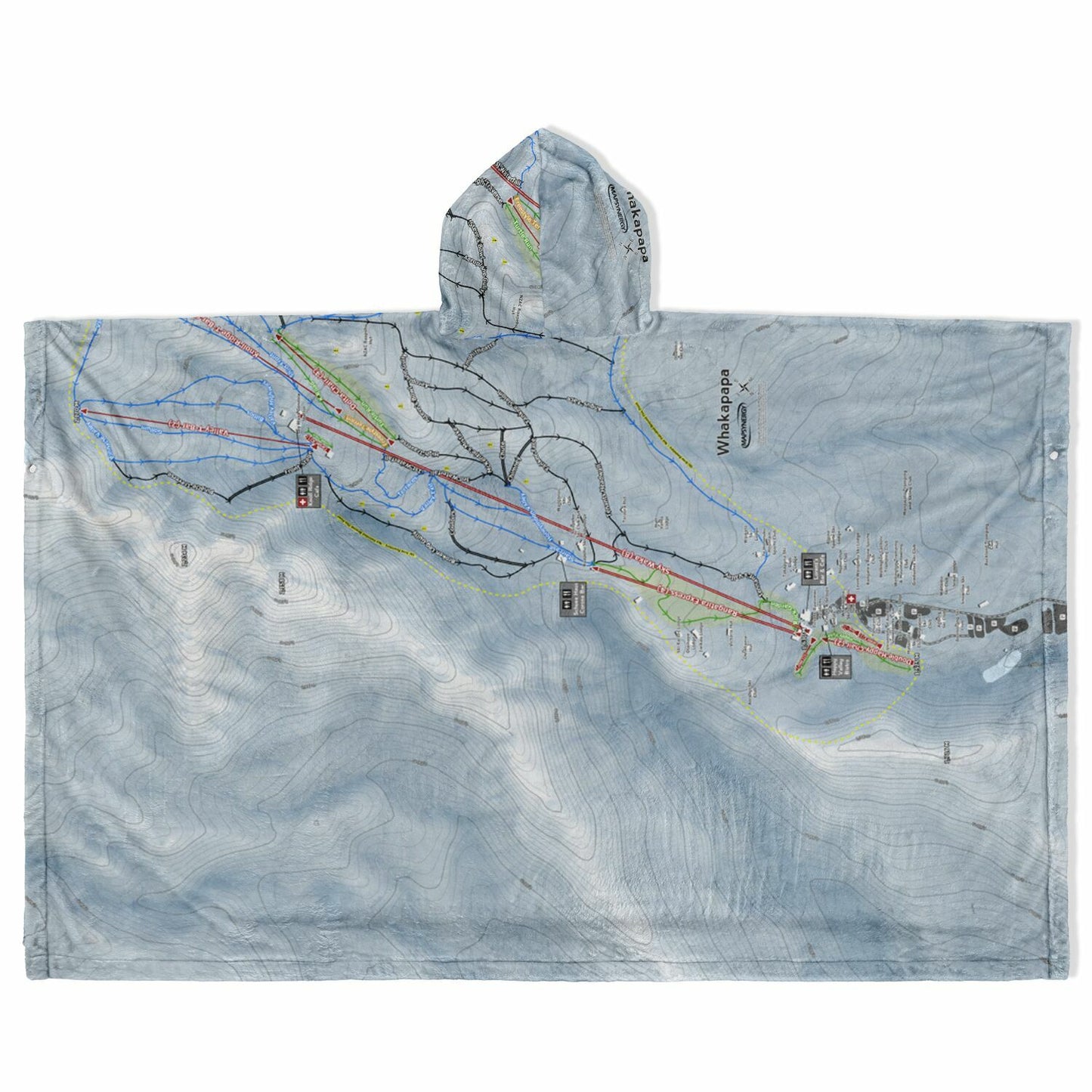 Mt. Whakapap, New Zealand Ski Resort Map Flannel Blanket Poncho - Powderaddicts