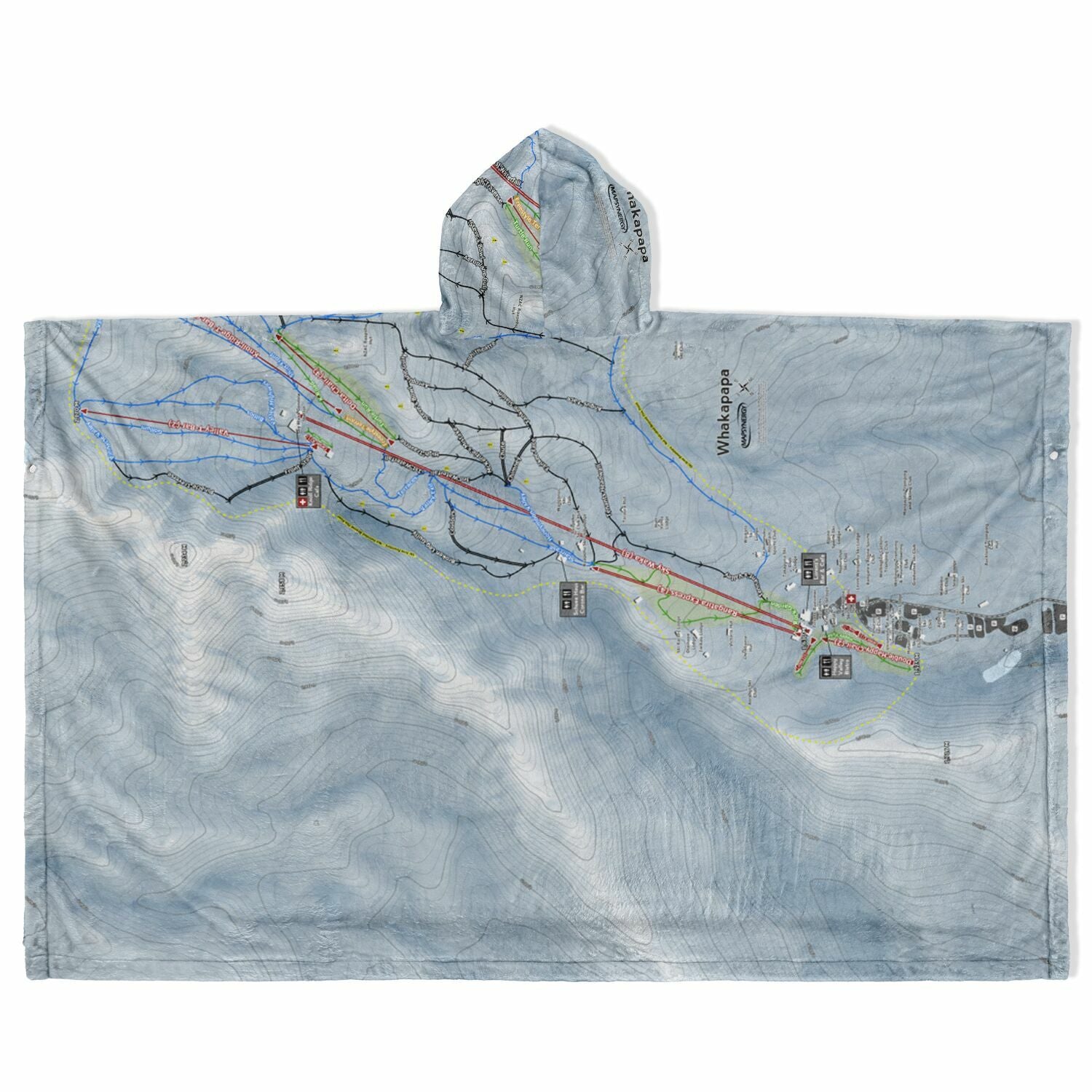 Mt. Whakapap, New Zealand Ski Resort Map Flannel Blanket Poncho - Powderaddicts