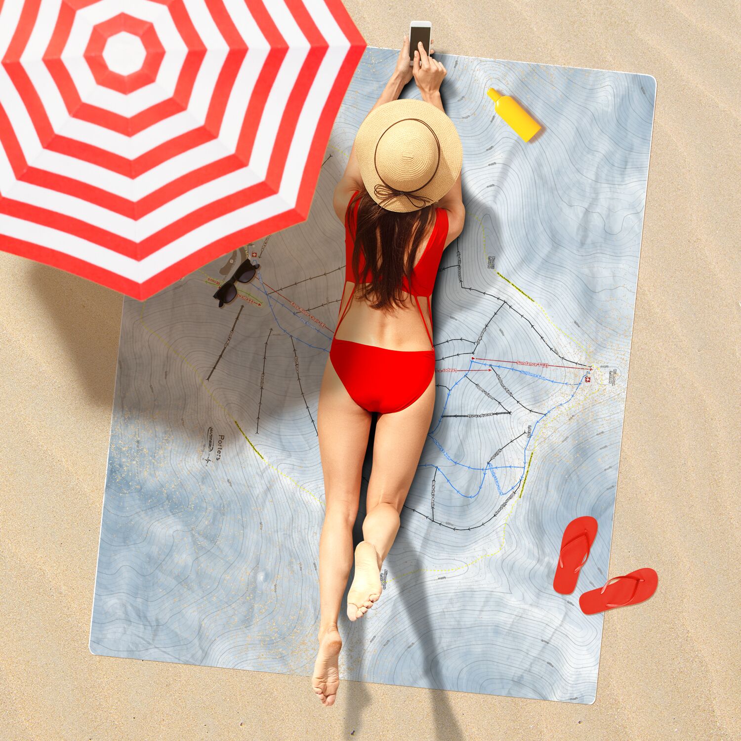 Porters, New Zealand Ski Resort Map Printed Beach Towel