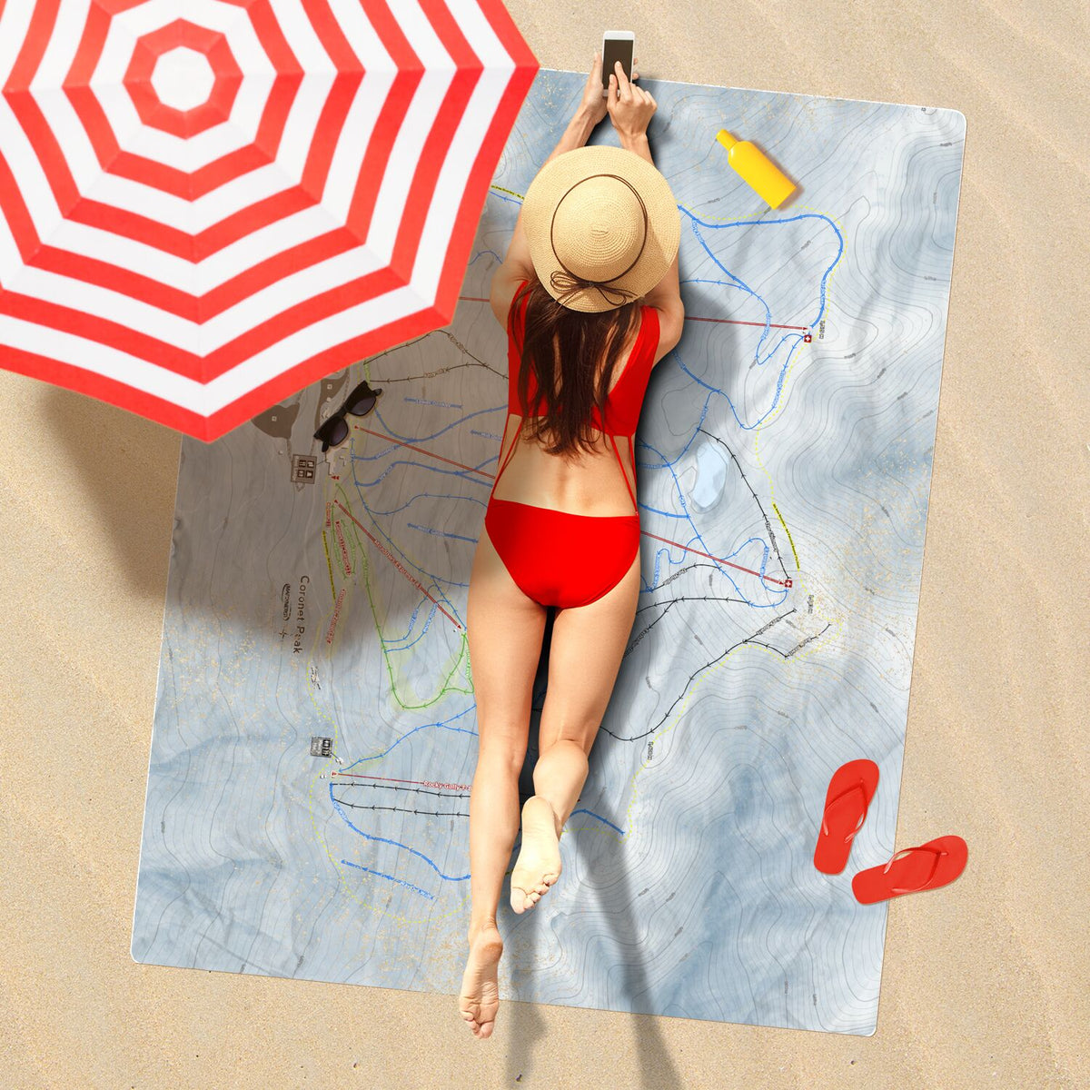 Coronet Peak, New Zealand Ski Resort Map Printed Beach Towel