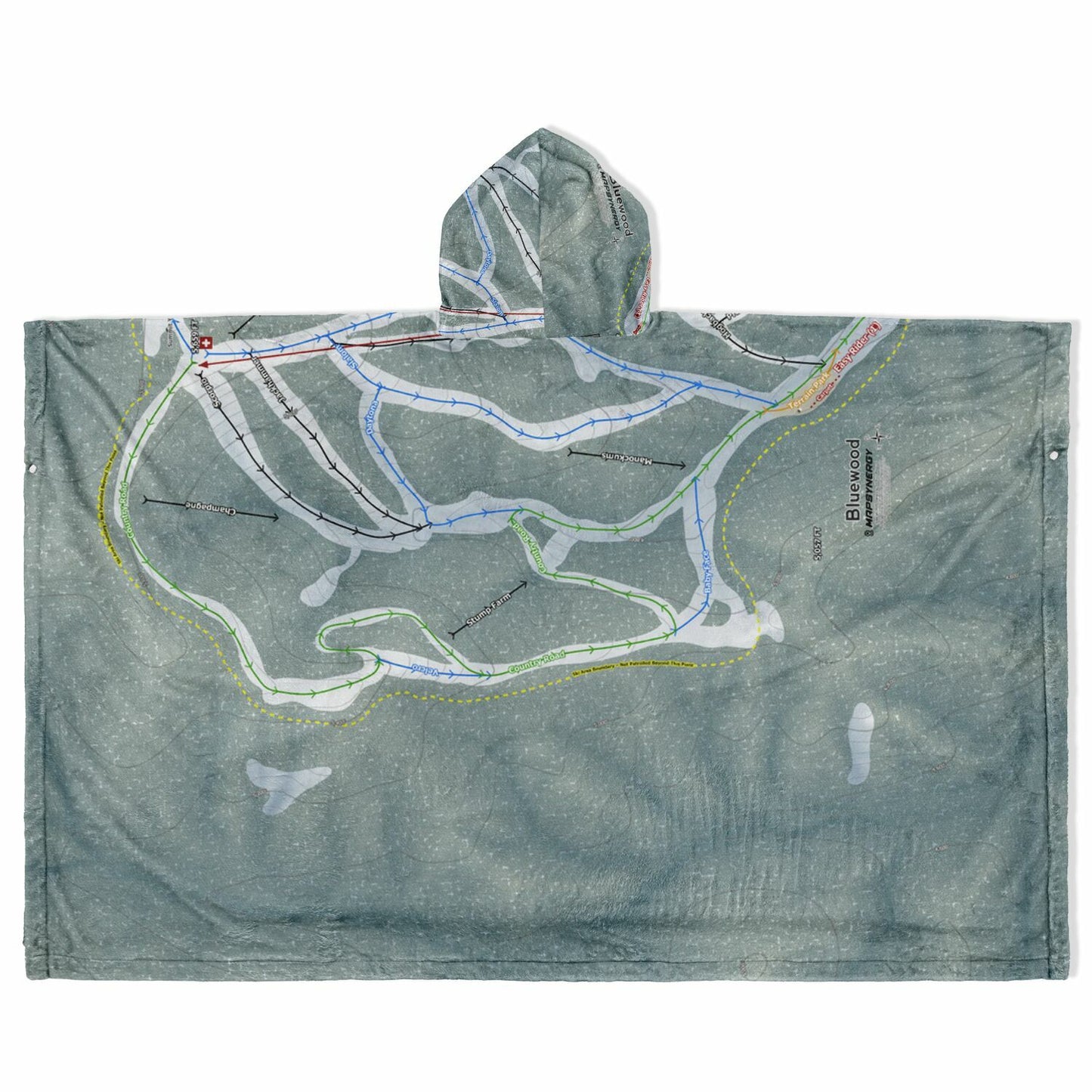Bluewood, Washington Ski Resort Map Flannel Blanket Poncho