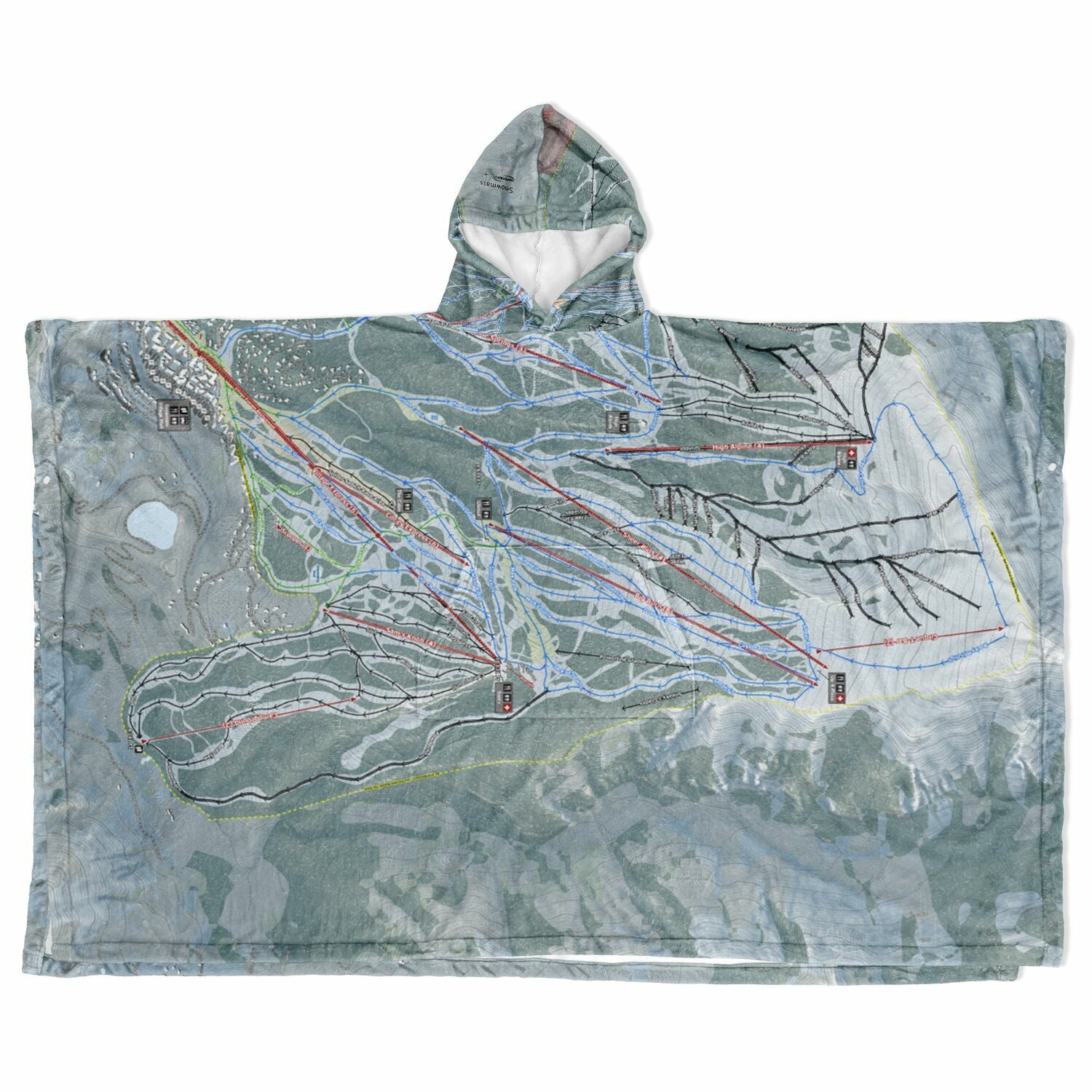 Snowmass, Colorado Ski Resort Map Flannel Blanket Poncho