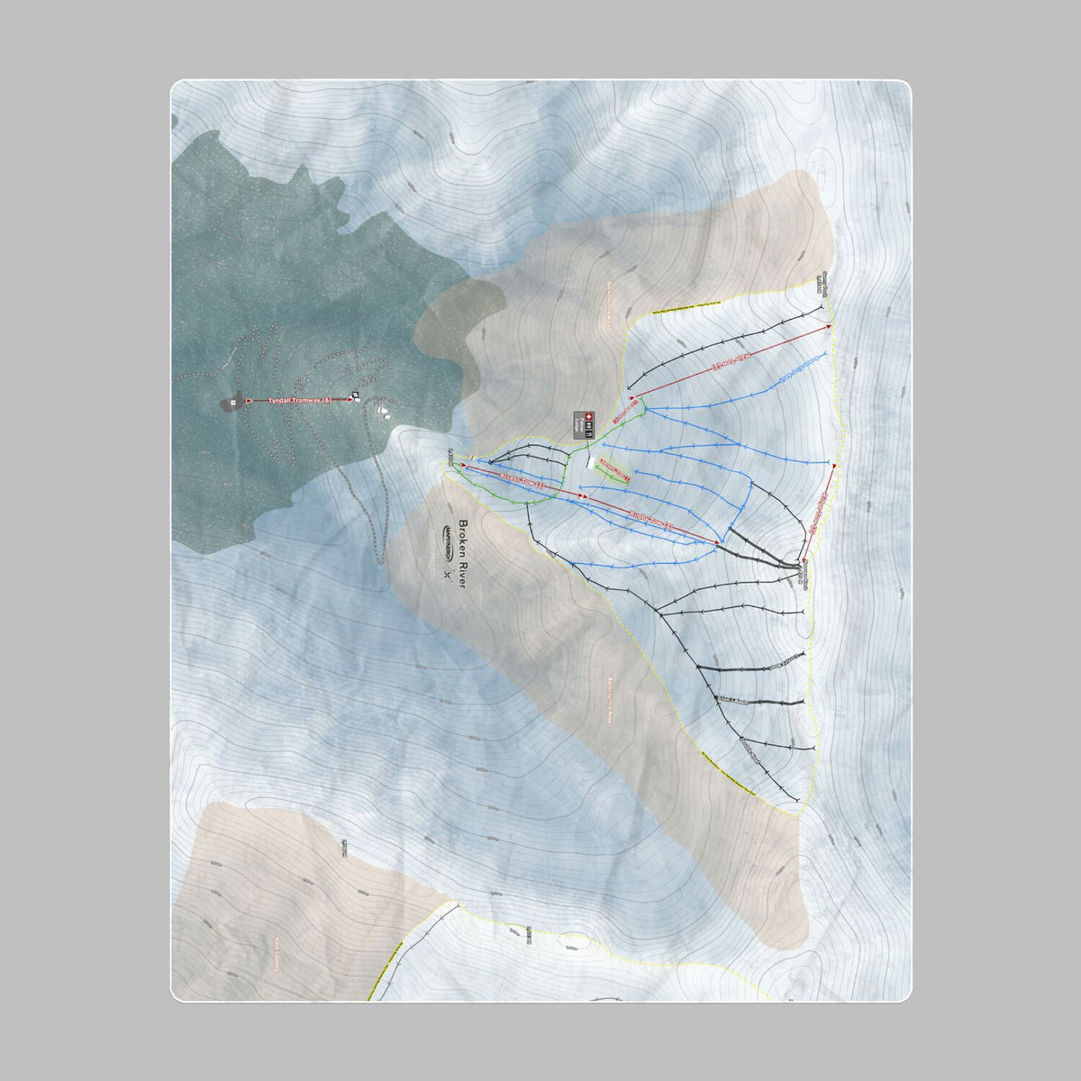 Broken River, New Zealand Ski Resort Map Printed Beach Towel