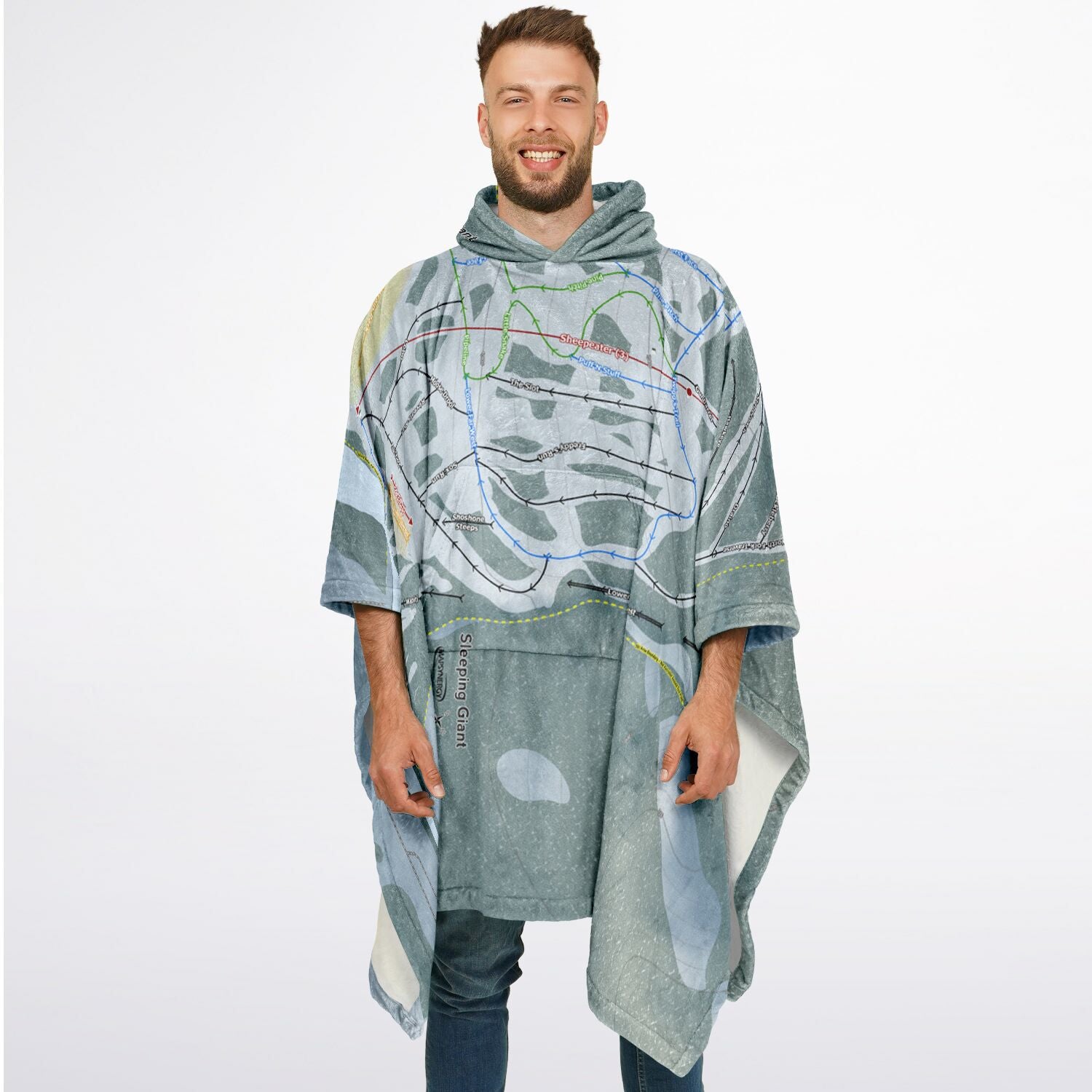 Sleeping Giant, Wyoming Ski Resort Map Flannel Blanket Poncho