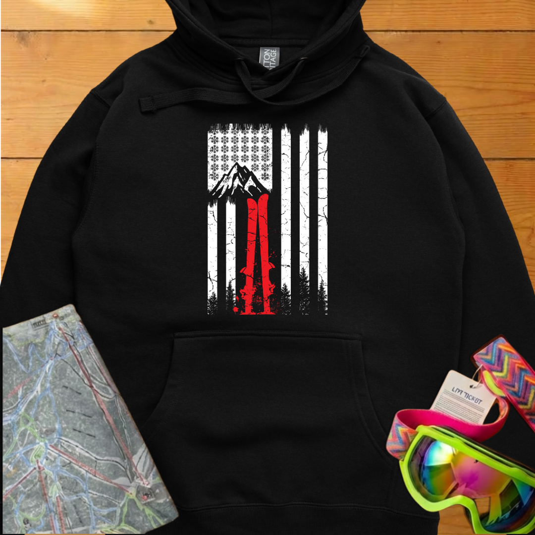 Vintage Ski Flag Graphic Hoodie – Retro Mountain Skiing