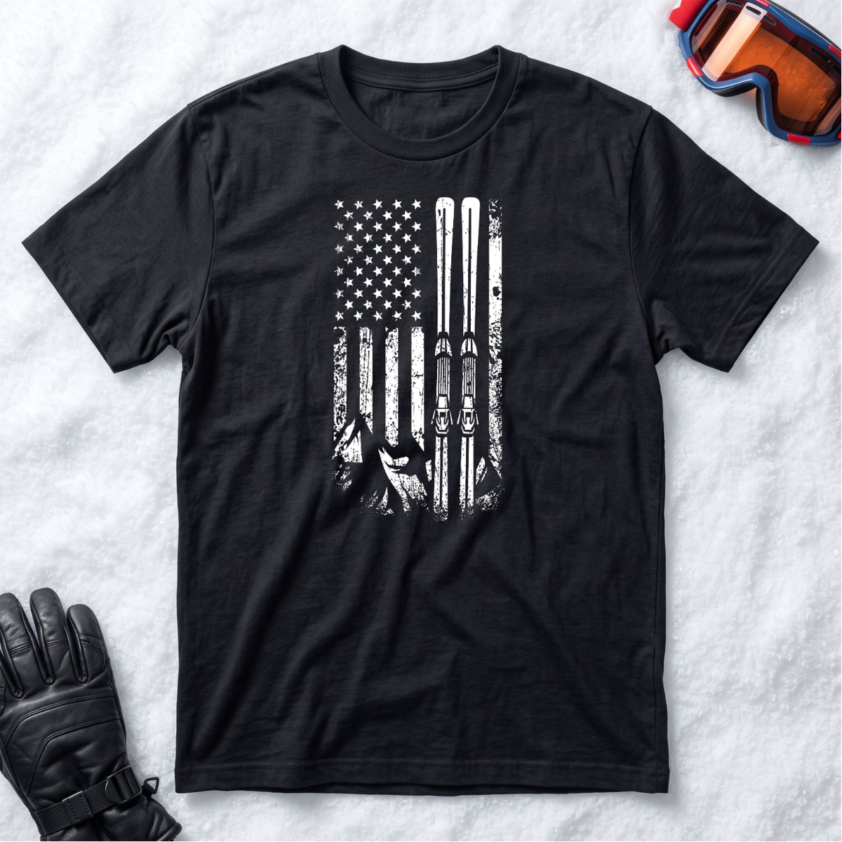 American Flag Skiing – Vintage Distressed Ski Graphic T-Shirt