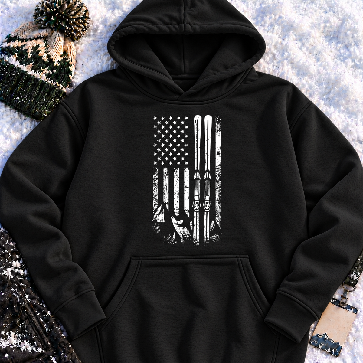 American Flag Skiing – Vintage Distressed Ski Pullover Hoodie