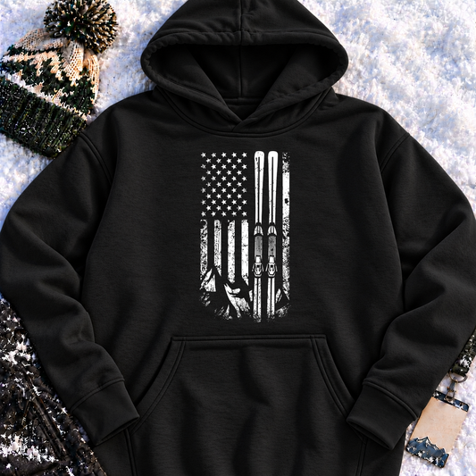 American Flag Skiing – Vintage Distressed Ski Pullover Hoodie