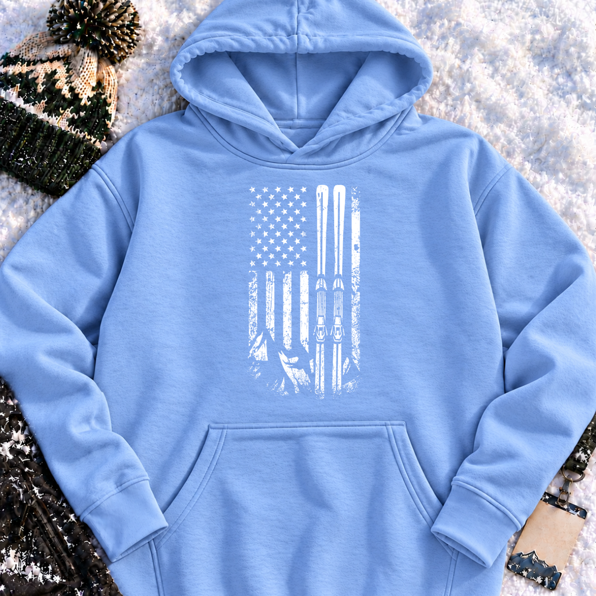 American Flag Skiing – Vintage Distressed Ski Pullover Hoodie