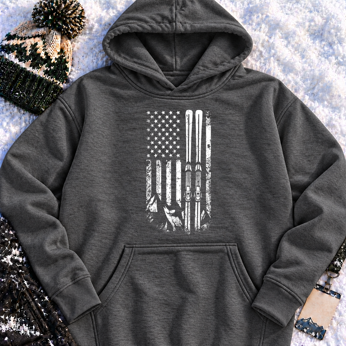 American Flag Skiing – Vintage Distressed Ski Pullover Hoodie