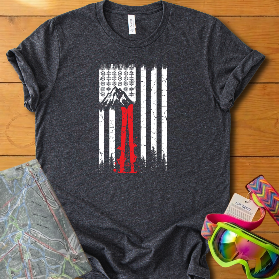 Vintage Ski Flag Graphic T-Shirt – Retro Mountain Skiing