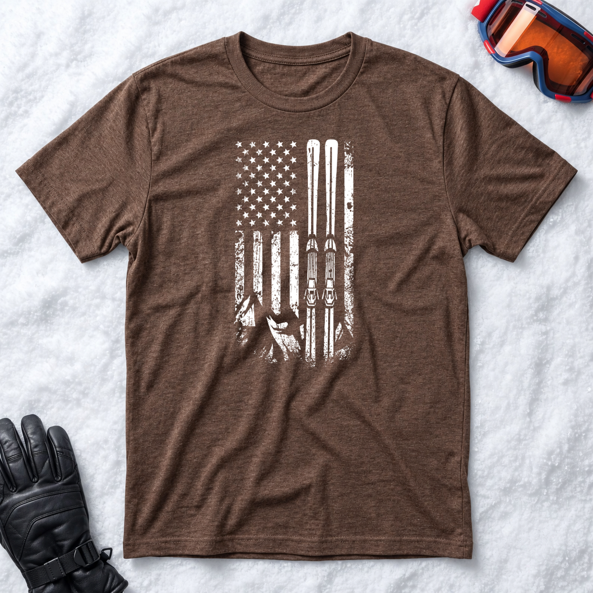 American Flag Skiing – Vintage Distressed Ski Graphic T-Shirt