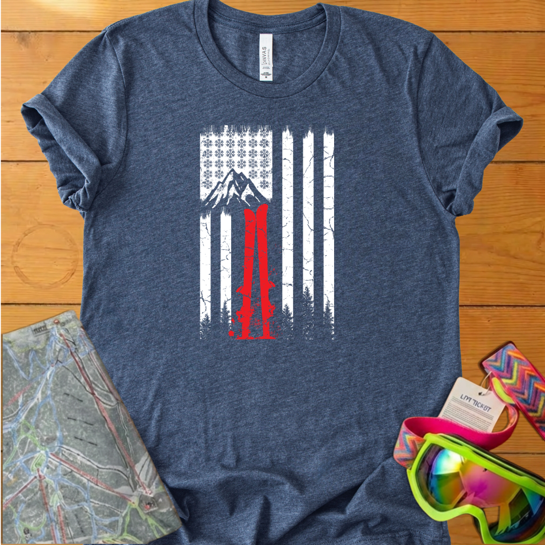 Vintage Ski Flag Graphic T-Shirt – Retro Mountain Skiing
