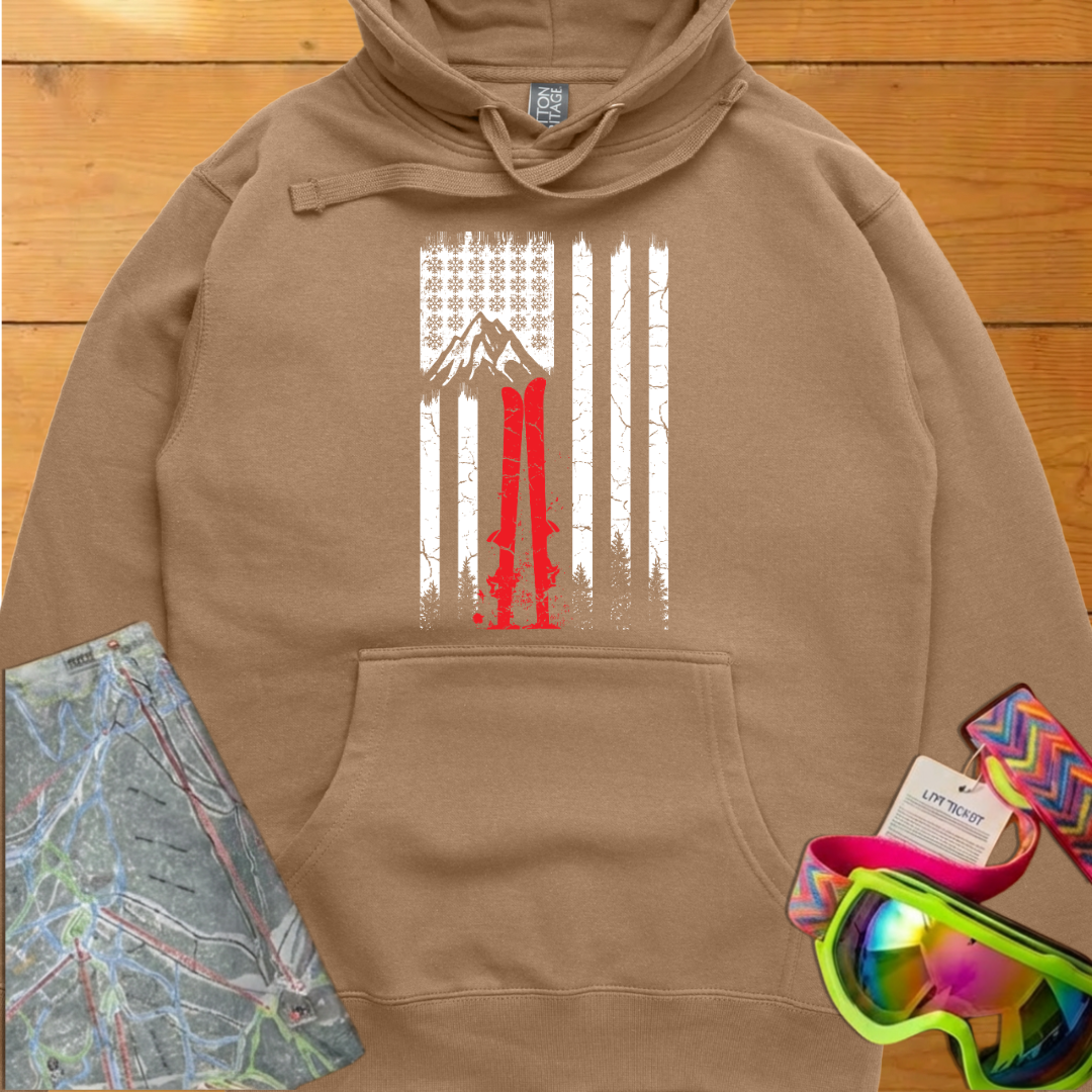 Vintage Ski Flag Graphic Hoodie – Retro Mountain Skiing