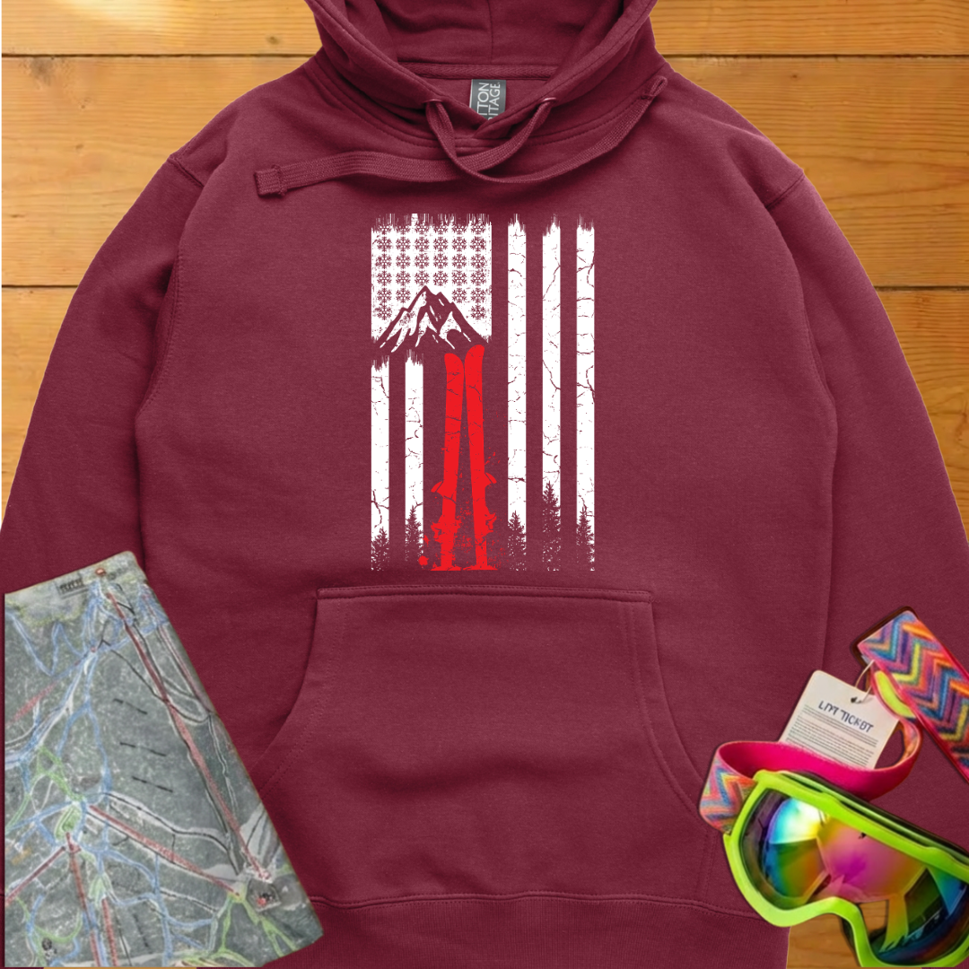 Vintage Ski Flag Graphic Hoodie – Retro Mountain Skiing