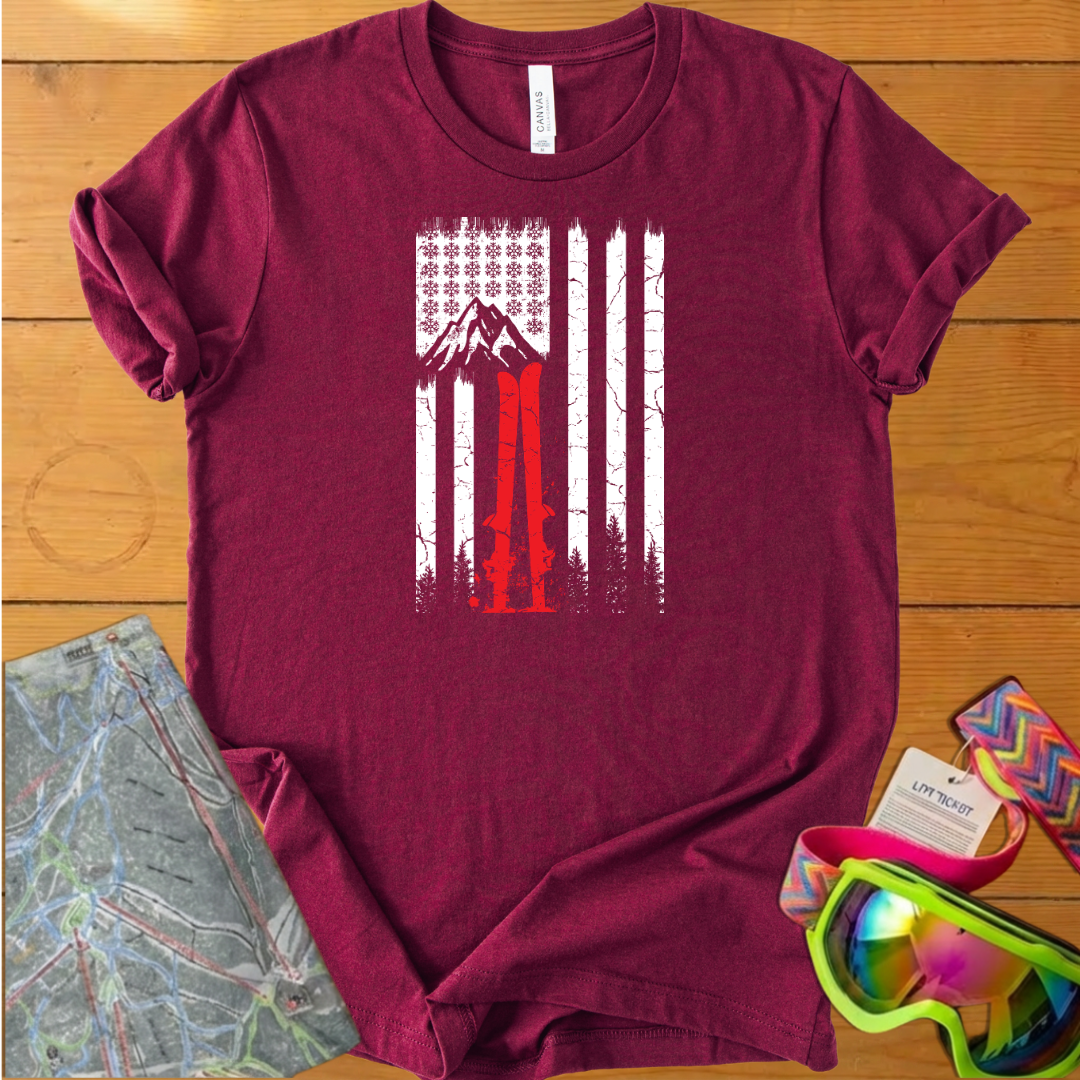 Vintage Ski Flag Graphic T-Shirt – Retro Mountain Skiing
