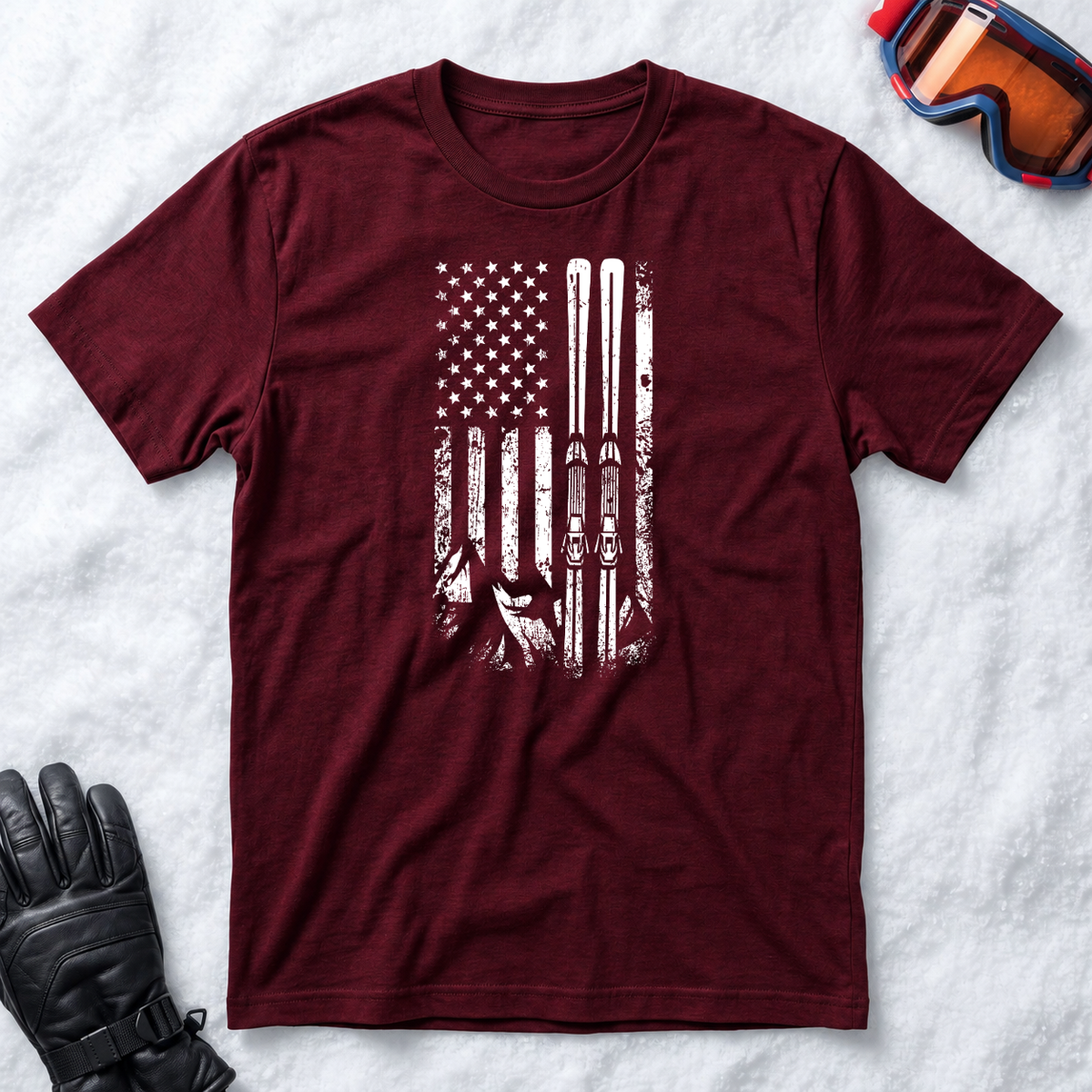 American Flag Skiing – Vintage Distressed Ski Graphic T-Shirt