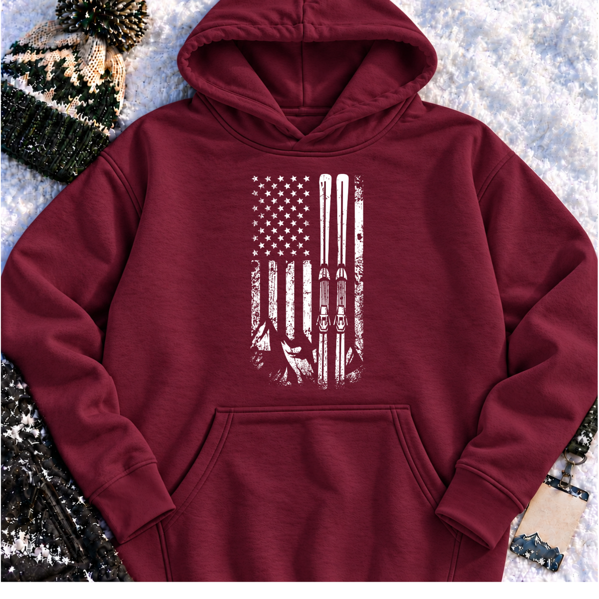American Flag Skiing – Vintage Distressed Ski Pullover Hoodie