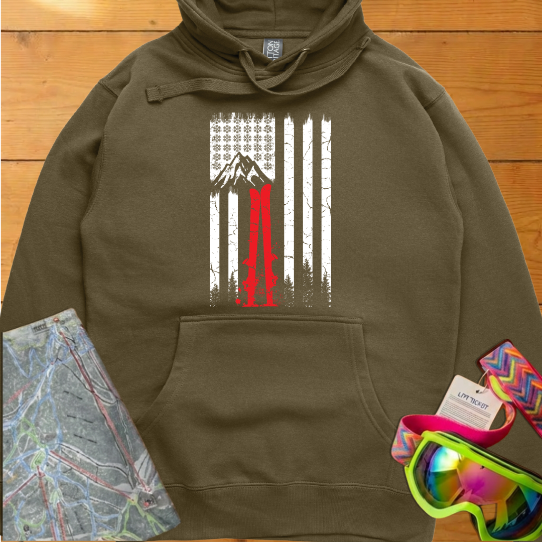 Vintage Ski Flag Graphic Hoodie – Retro Mountain Skiing