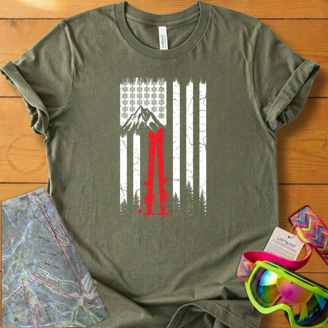 Vintage Ski Flag Graphic T-Shirt – Retro Mountain Skiing