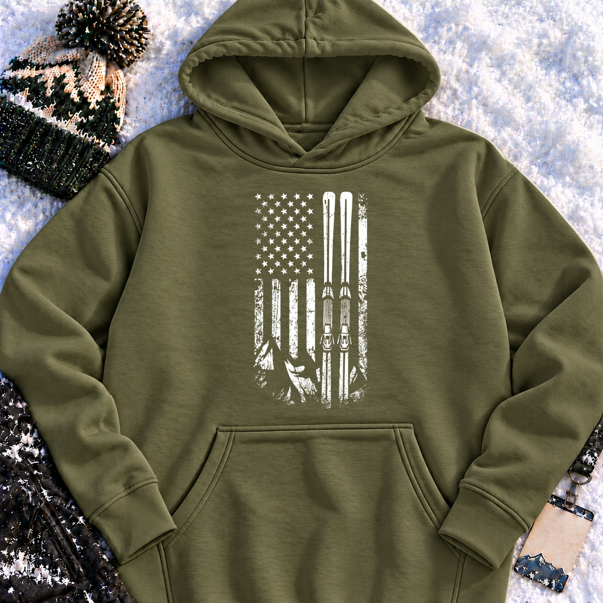 American Flag Skiing – Vintage Distressed Ski Pullover Hoodie