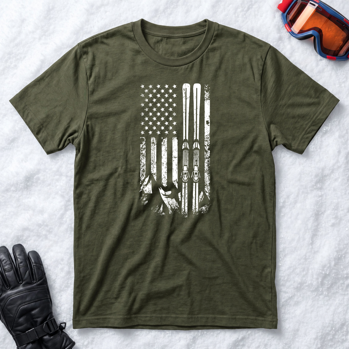 American Flag Skiing – Vintage Distressed Ski Graphic T-Shirt
