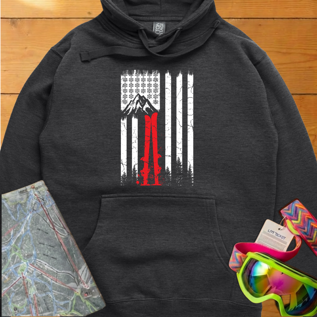 Vintage Ski Flag Graphic Hoodie – Retro Mountain Skiing