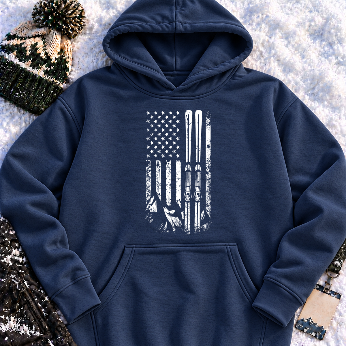 American Flag Skiing – Vintage Distressed Ski Pullover Hoodie