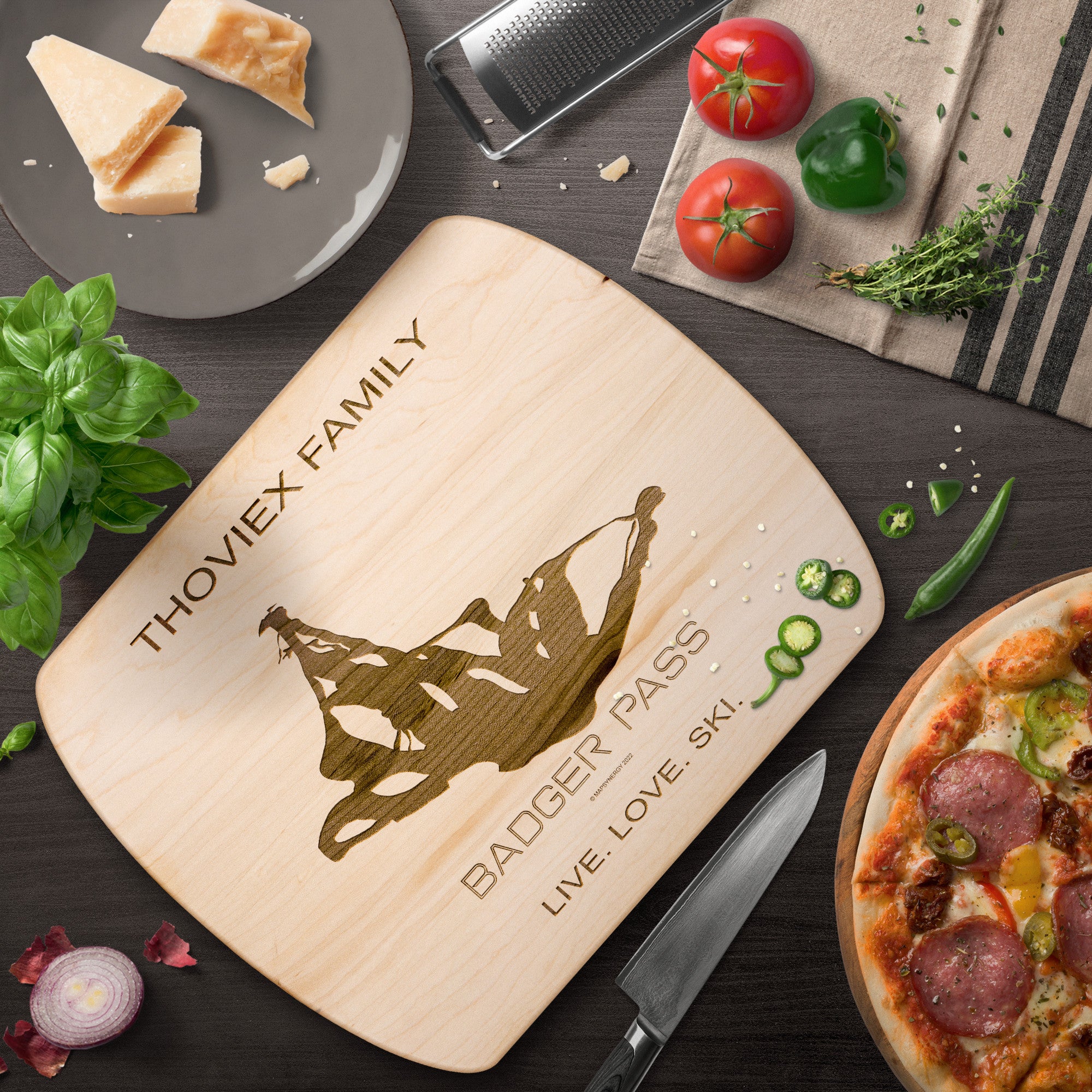 PERSONALIZED BADGER PASS , CALIFORNIA SKI TRAIL MAP CUTTING BOARD