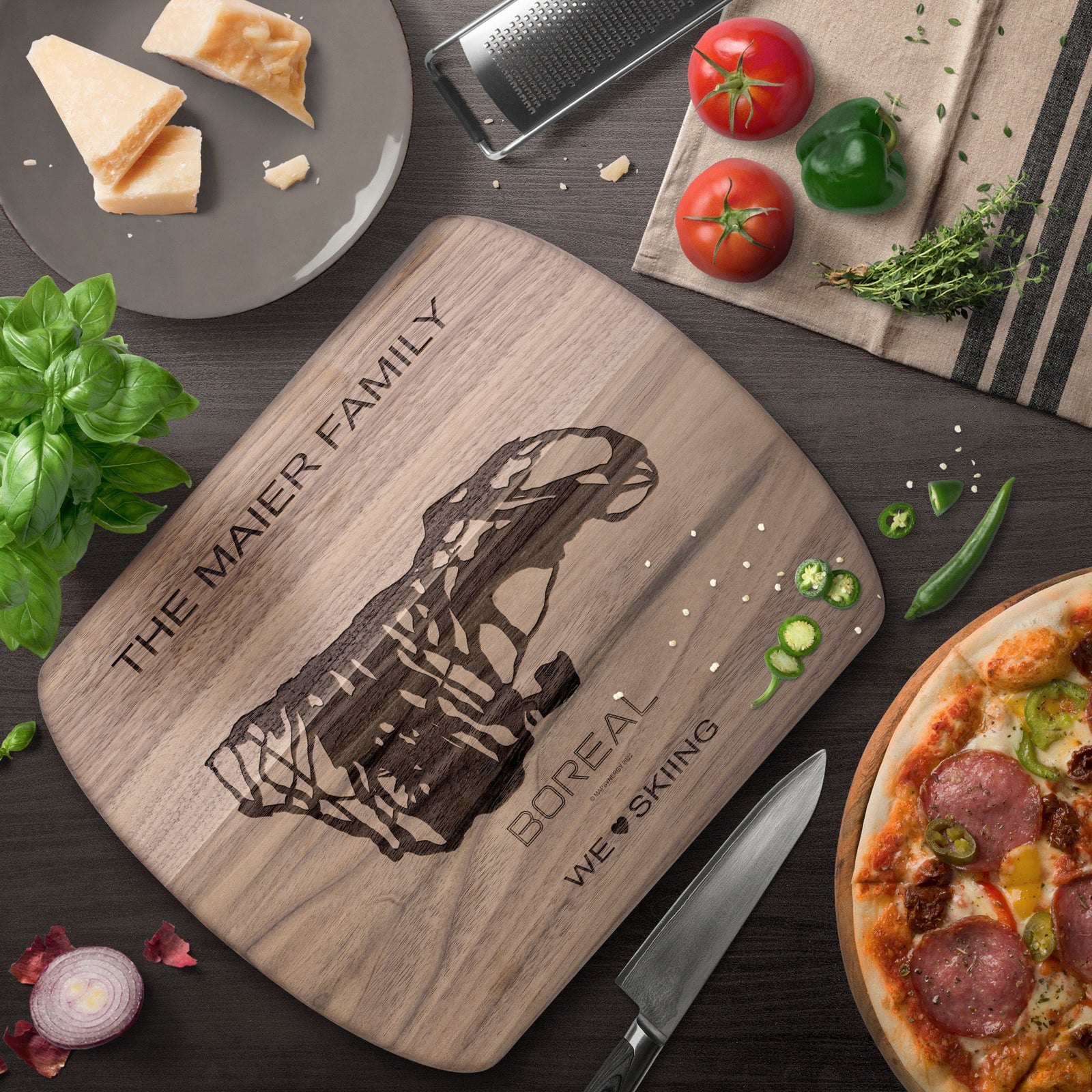 PERSONALIZED BOREAL , CALIFORNIA SKI TRAIL MAP CUTTING BOARD