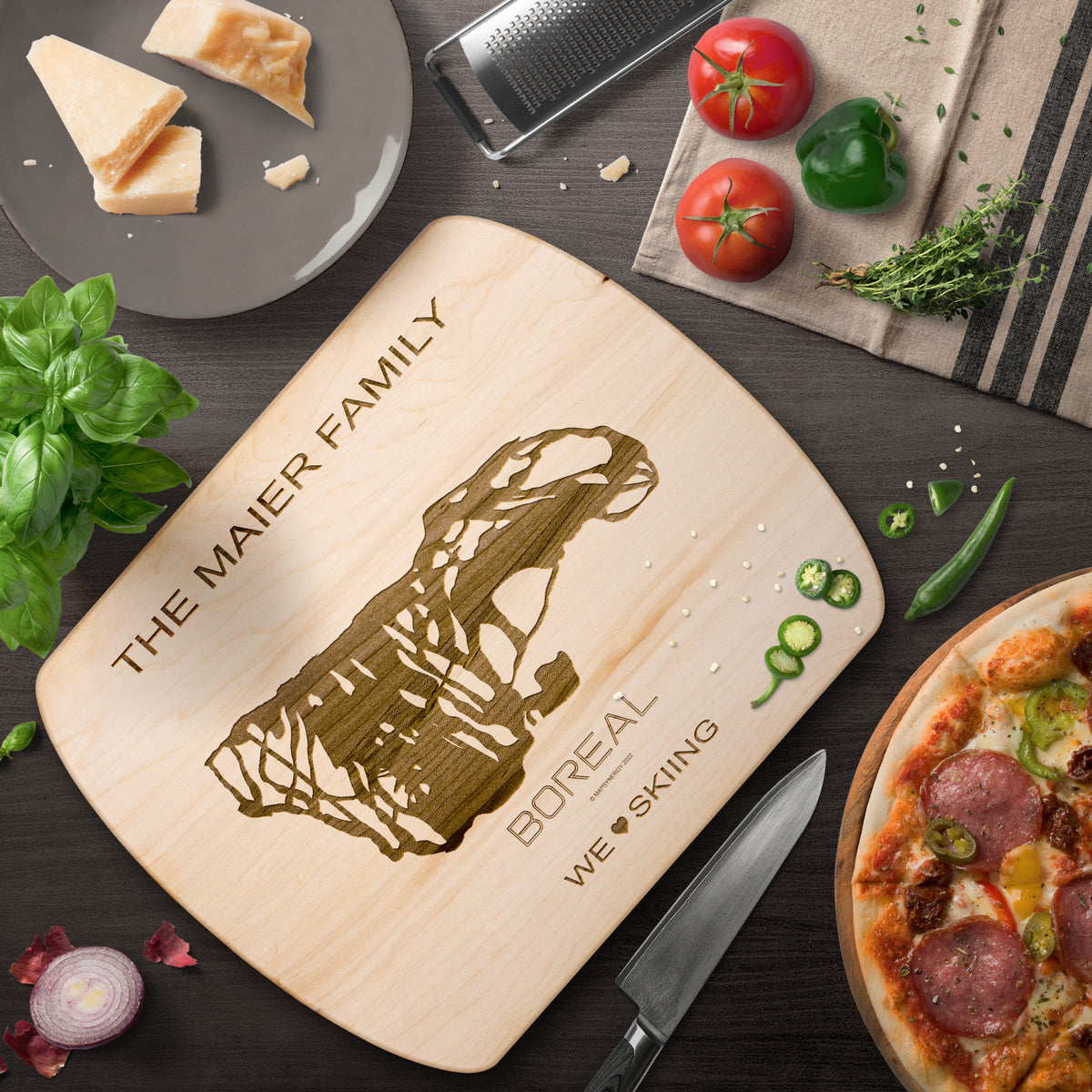 PERSONALIZED BOREAL , CALIFORNIA SKI TRAIL MAP CUTTING BOARD