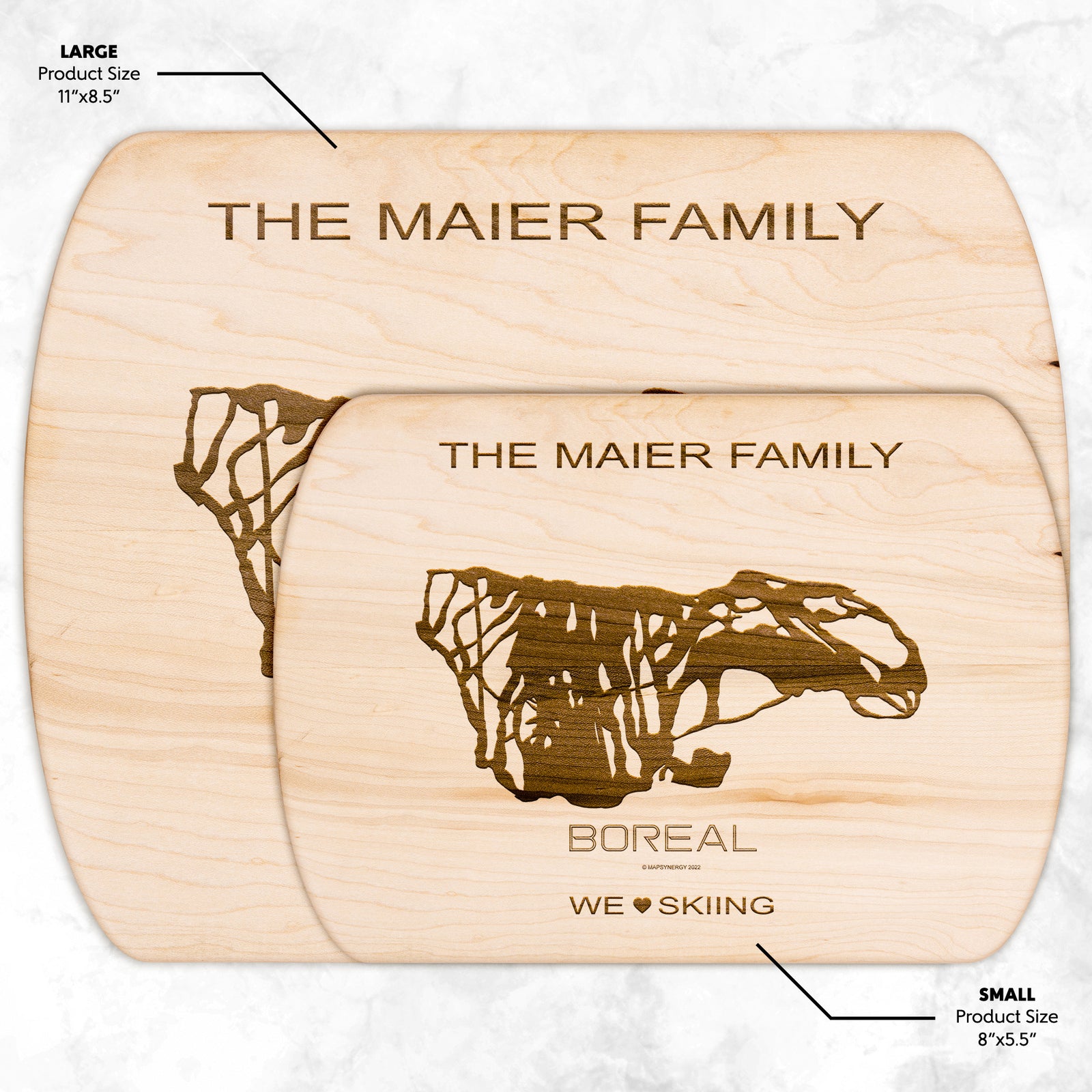 PERSONALIZED BOREAL , CALIFORNIA SKI TRAIL MAP CUTTING BOARD