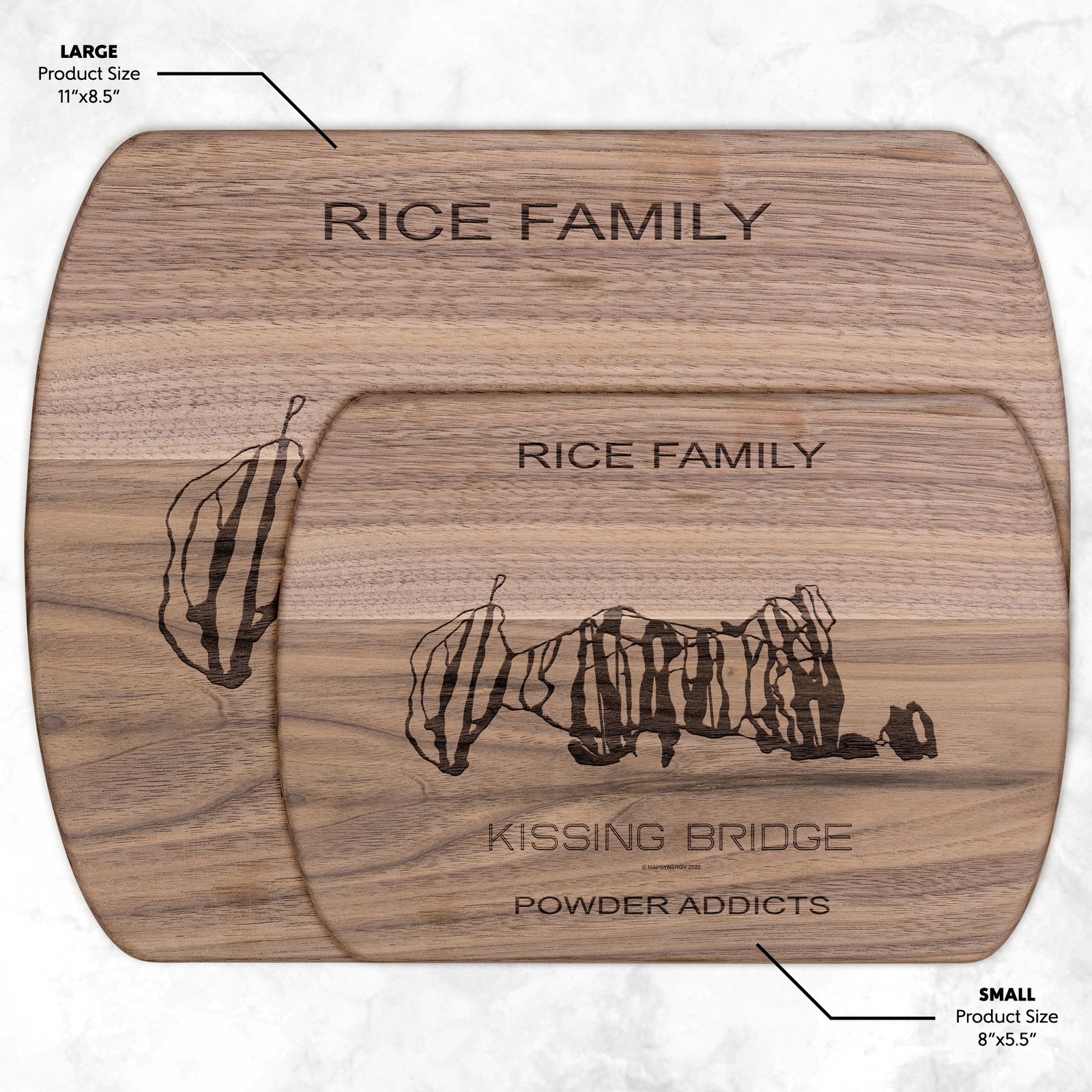 PERSONALIZED KISSING BRIDGE, NEW YORK SKI TRAIL MAP CUTTING BOARD