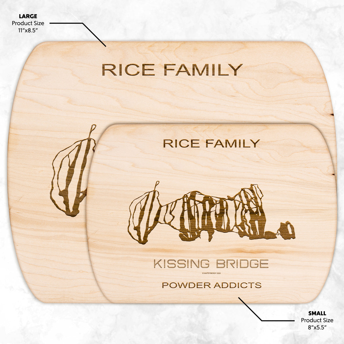 PERSONALIZED KISSING BRIDGE, NEW YORK SKI TRAIL MAP CUTTING BOARD