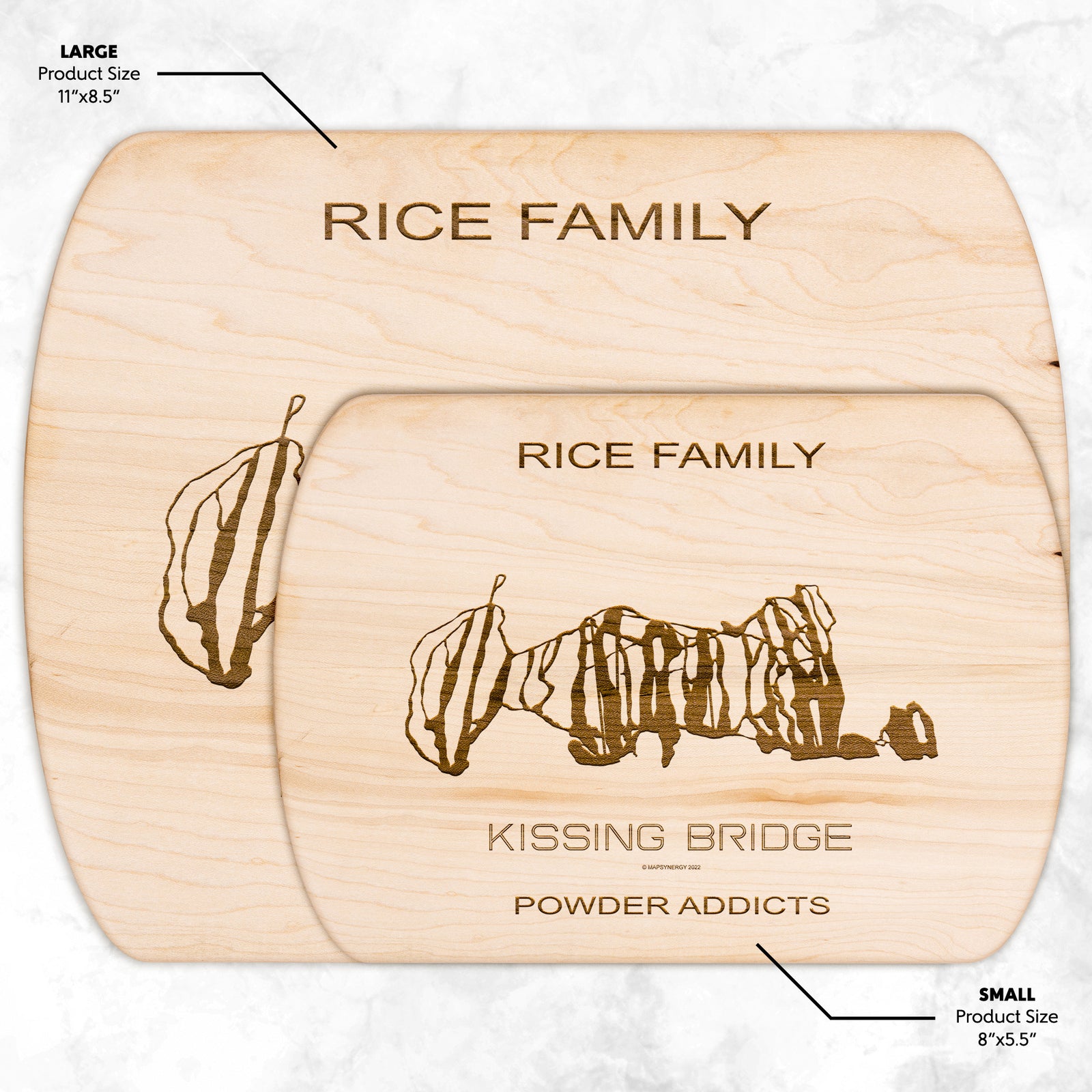 PERSONALIZED KISSING BRIDGE, NEW YORK SKI TRAIL MAP CUTTING BOARD