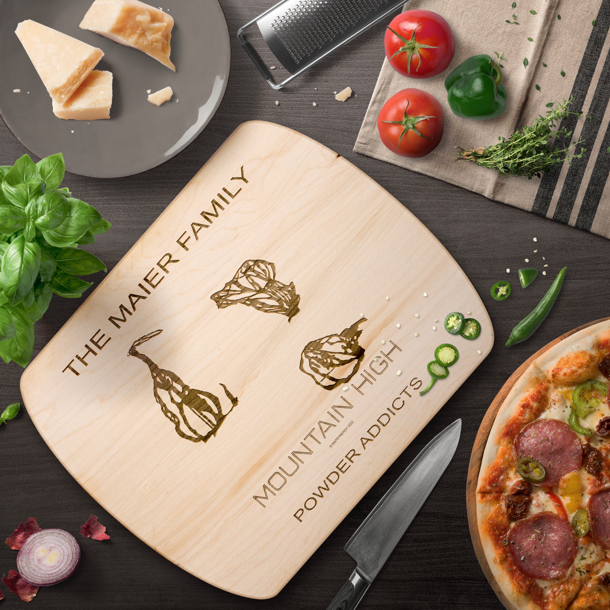 PERSONALIZED MOUNTAIN HIGH, CALIFORNIA SKI TRAIL MAP CUTTING BOARD