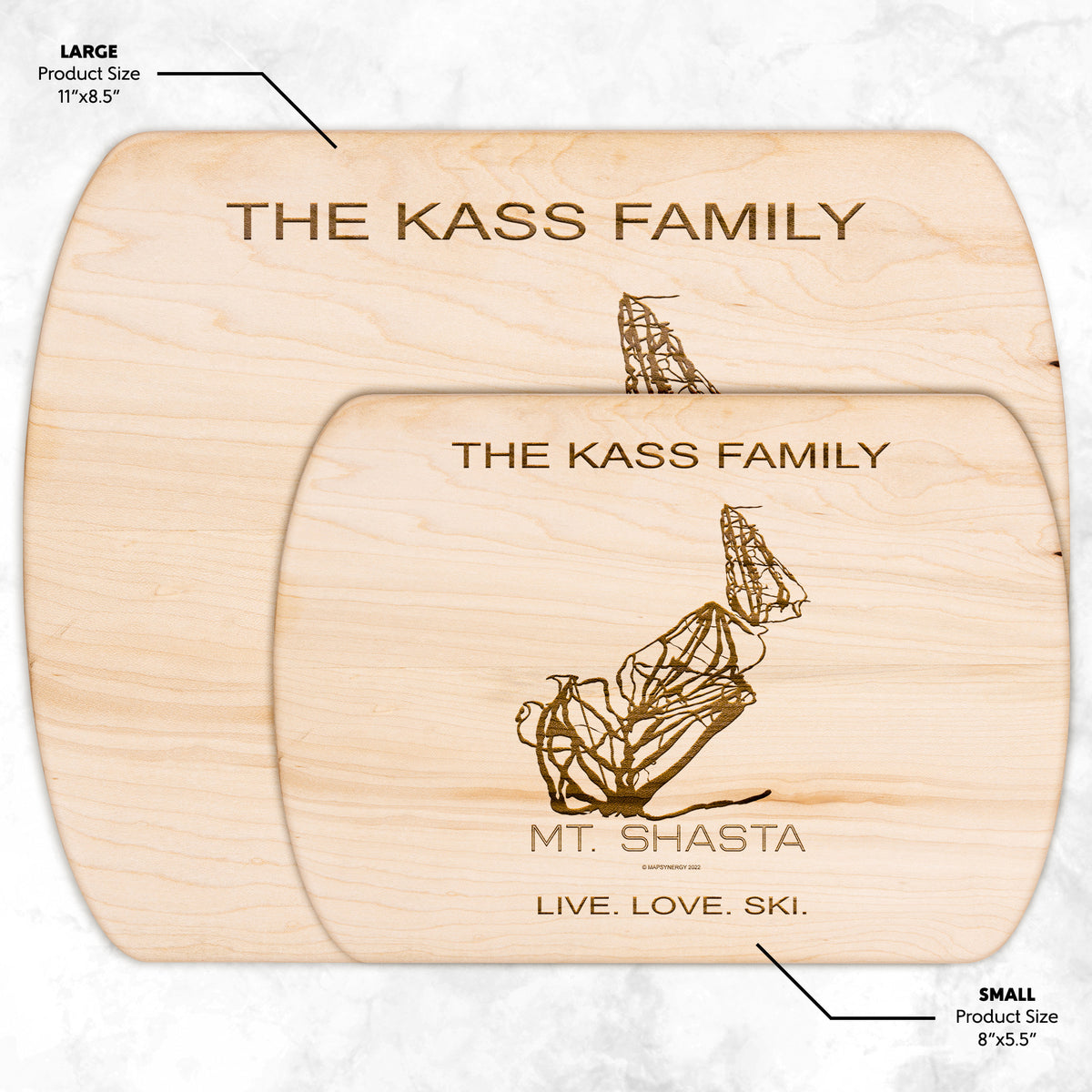 PERSONALIZED MT.SHASTA, CALIFORNIA SKI TRAIL MAP CUTTING BOARD