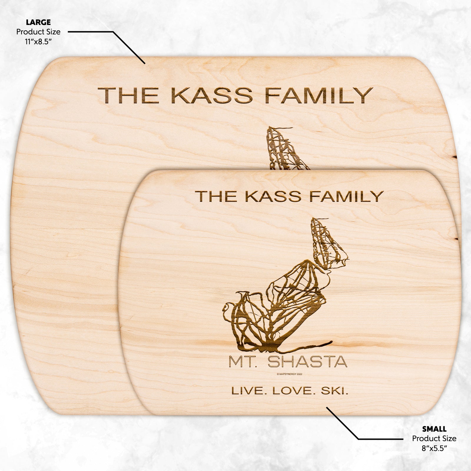 PERSONALIZED MT.SHASTA, CALIFORNIA SKI TRAIL MAP CUTTING BOARD