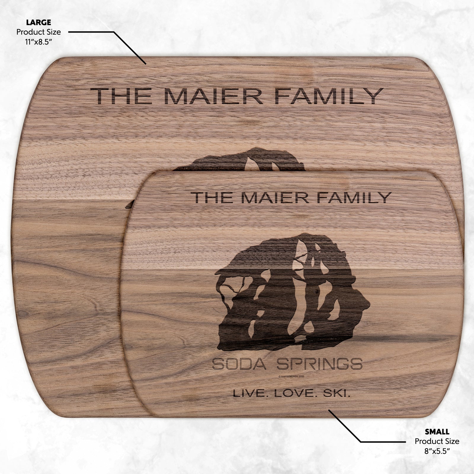 PERSONALIZED SODA SPRINGS, CALIFORNIA SKI TRAIL MAP CUTTING BOARD