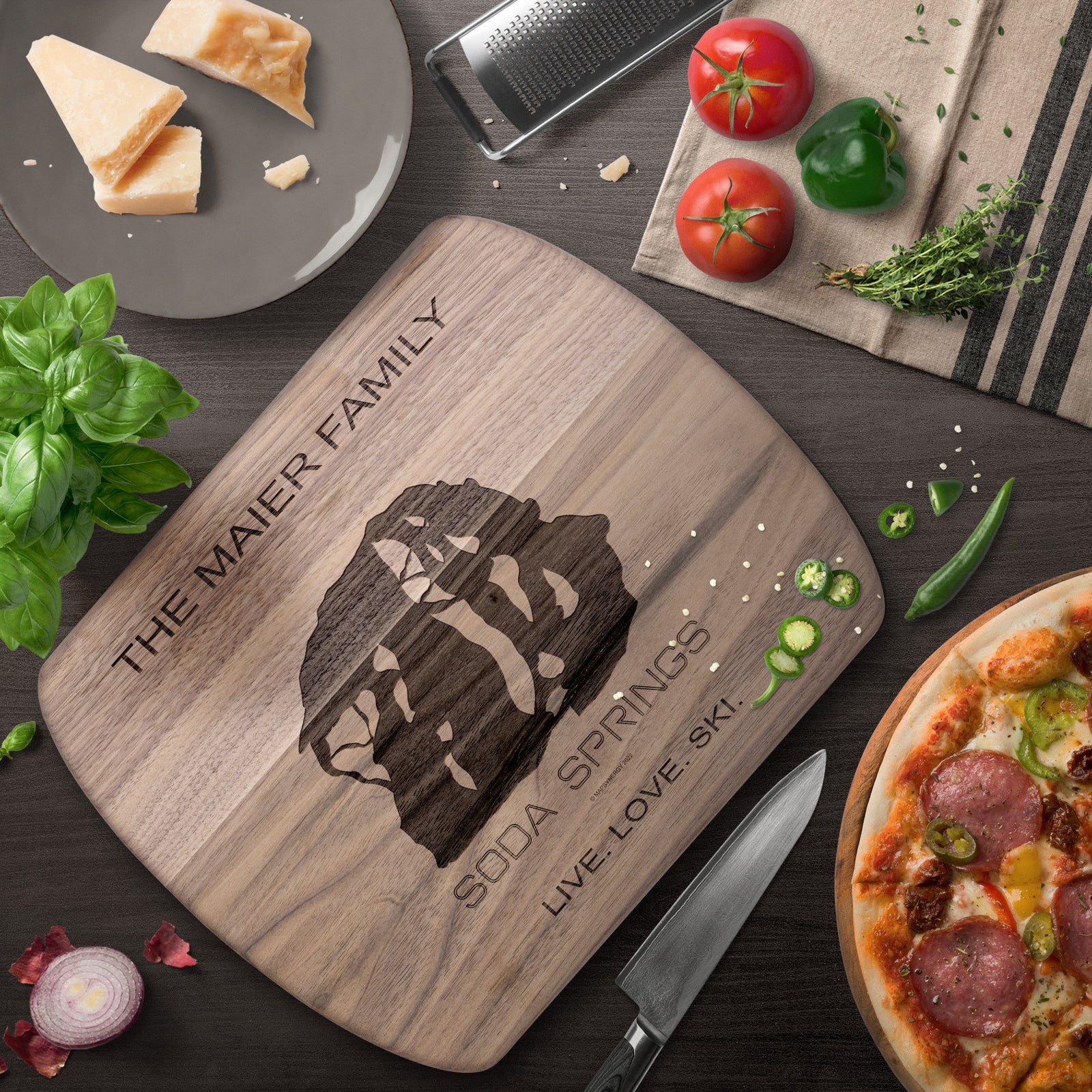 PERSONALIZED SODA SPRINGS, CALIFORNIA SKI TRAIL MAP CUTTING BOARD