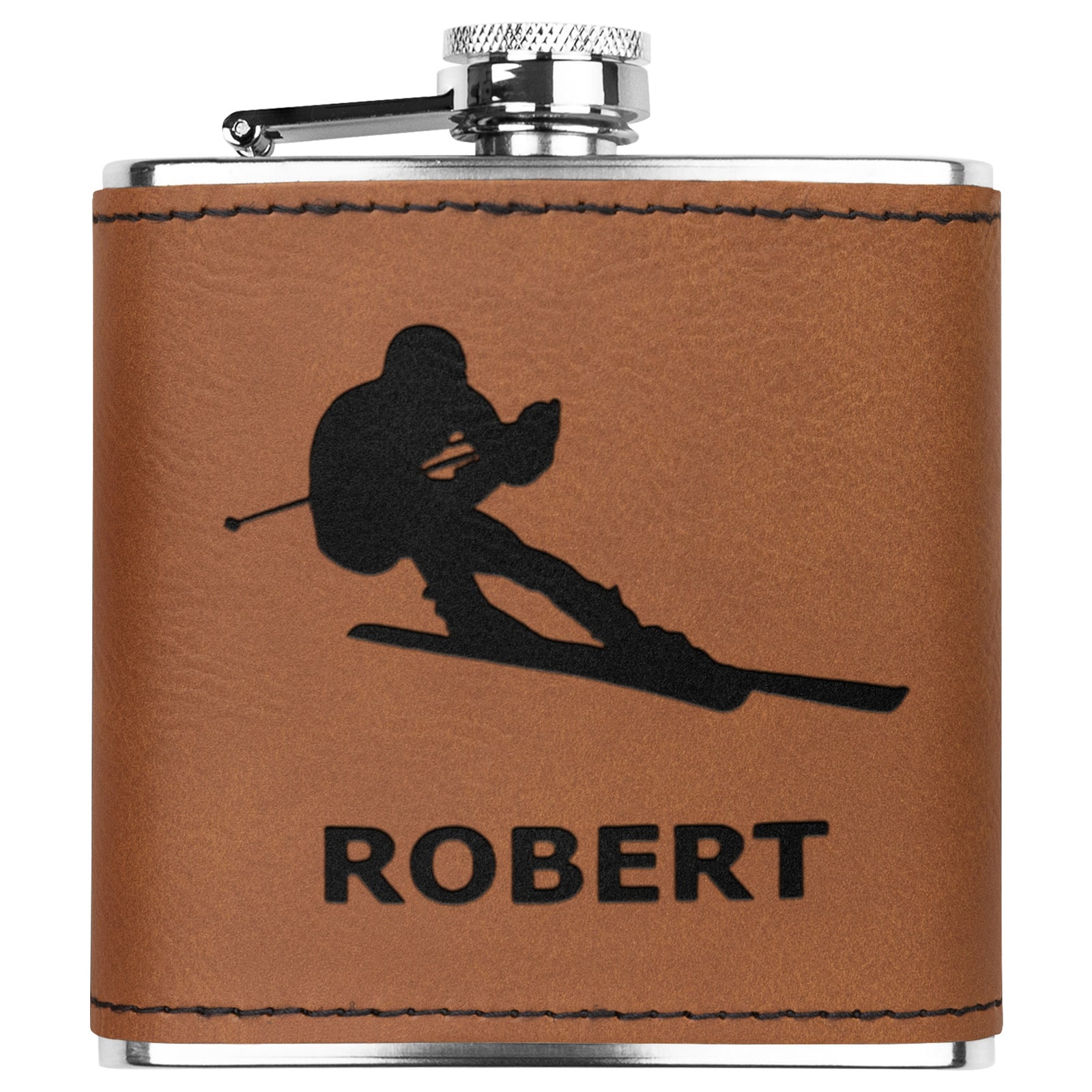 SKIING FLASKS WITH HAND DYED ENGRAVED LEATHER WRAP - STAINLESS STEEL FLASK
