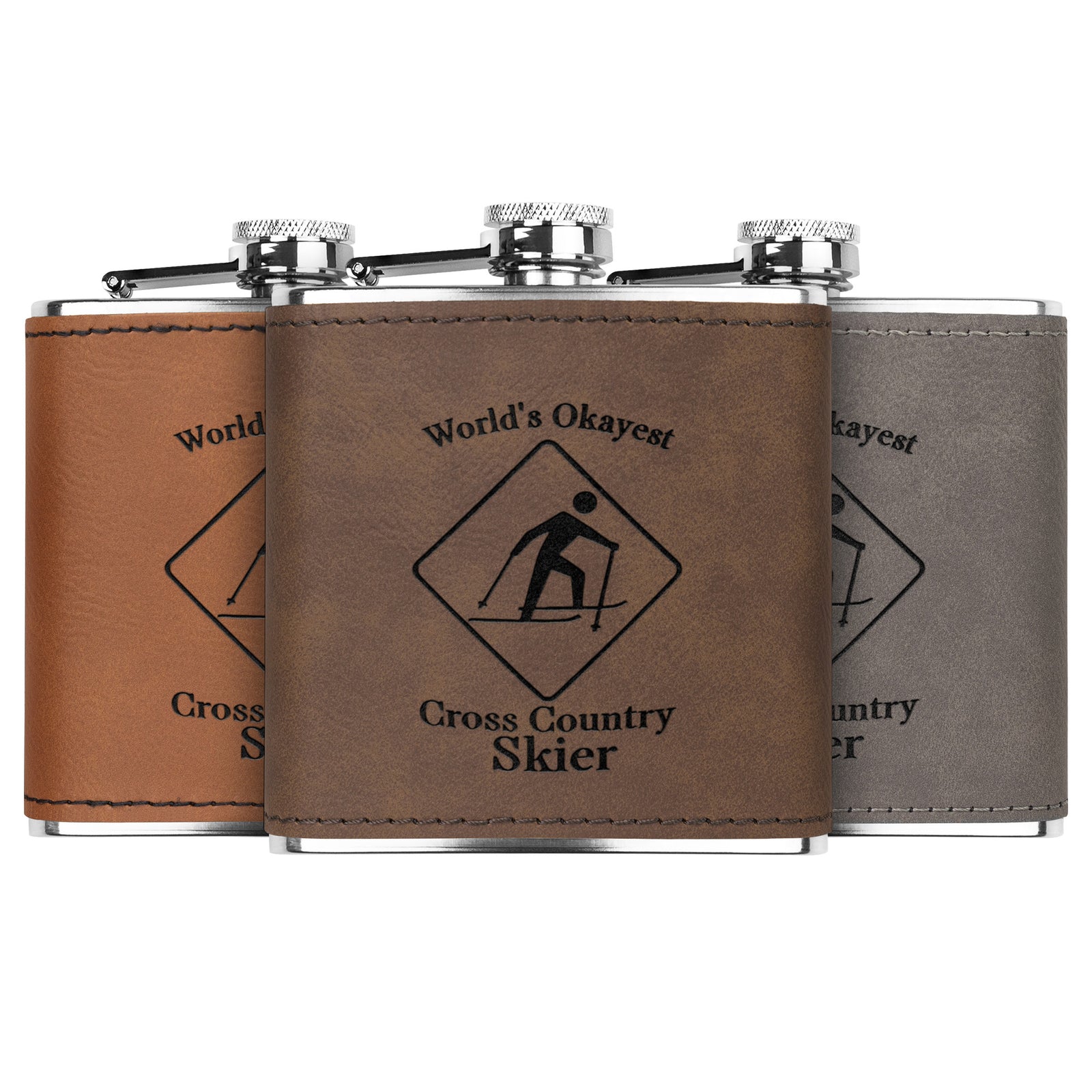 Ski FLASKS WITH HAND DYED ENGRAVED LEATHER WRAP - STAINLESS STEEL FLASK