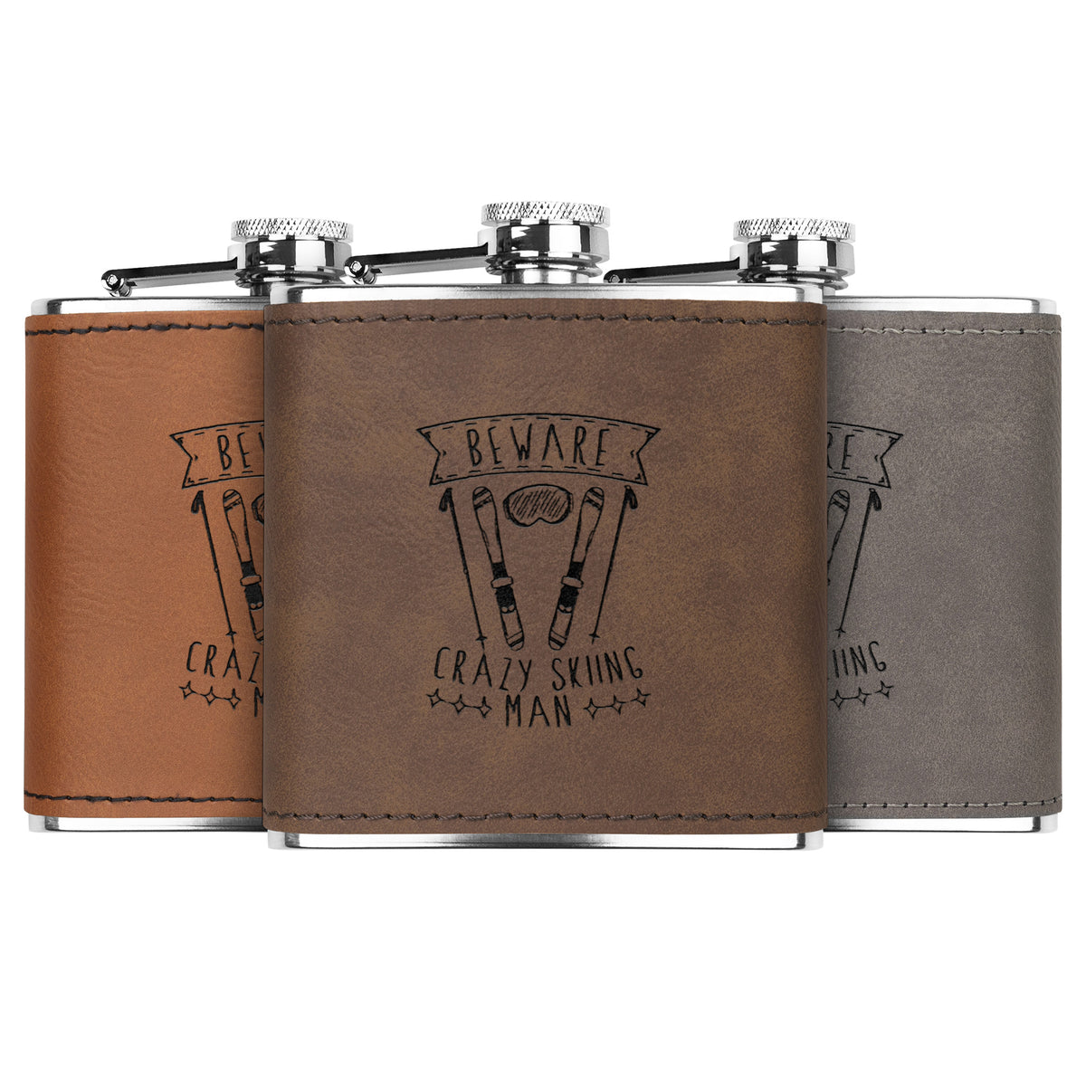 Ski FLASKS WITH HAND DYED ENGRAVED LEATHER WRAP - STAINLESS STEEL FLASK