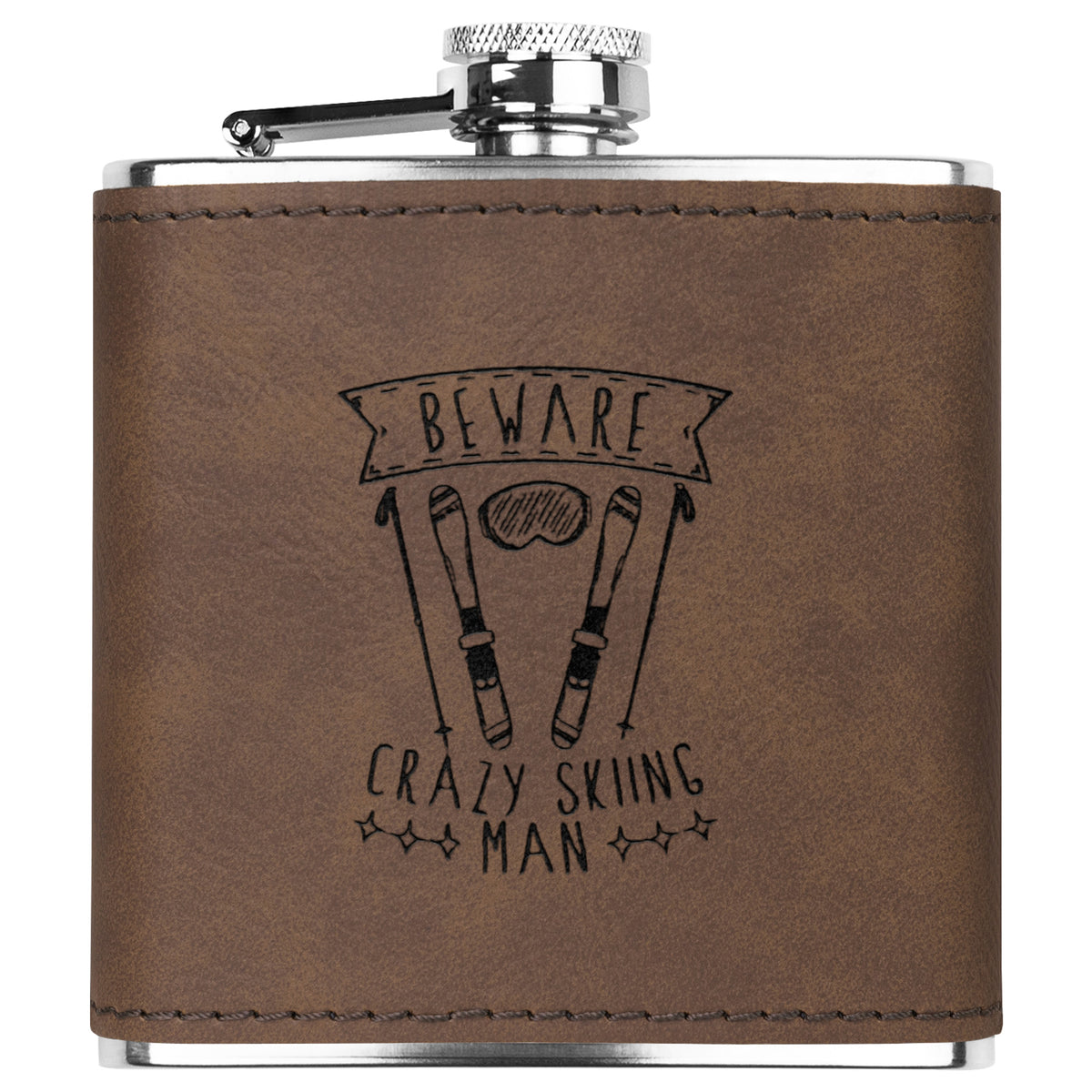 Ski FLASKS WITH HAND DYED ENGRAVED LEATHER WRAP - STAINLESS STEEL FLASK