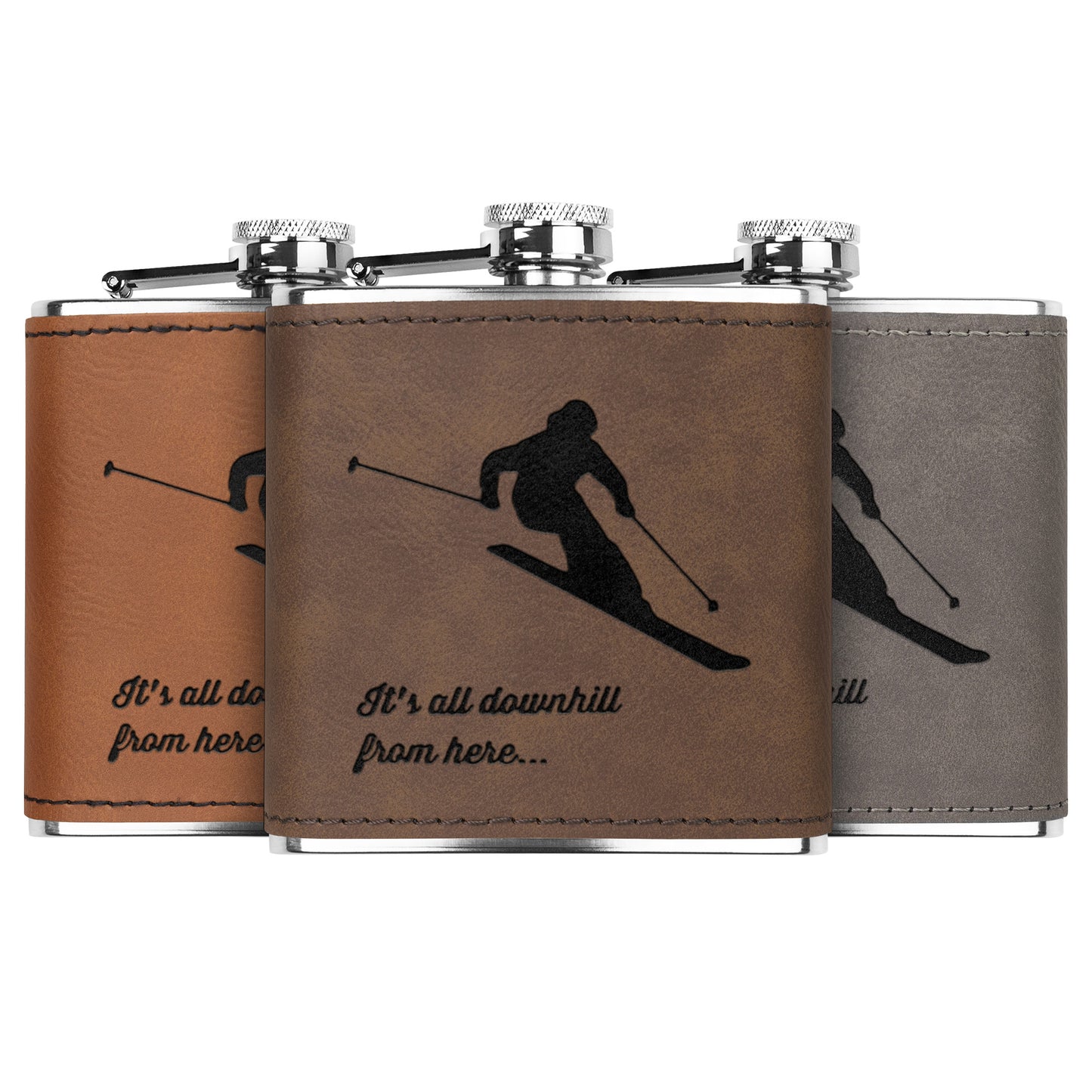 Snowboard Flasks with Hand Dyed Engraved Leather Wrap - Stainless Steel Flask - FREE Monogramming