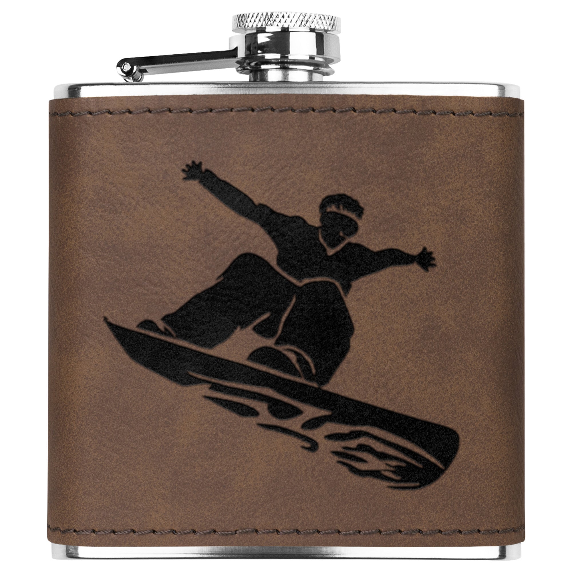 Snowboard Flasks with Hand Dyed Engraved Leather Wrap - FREE Monogramming